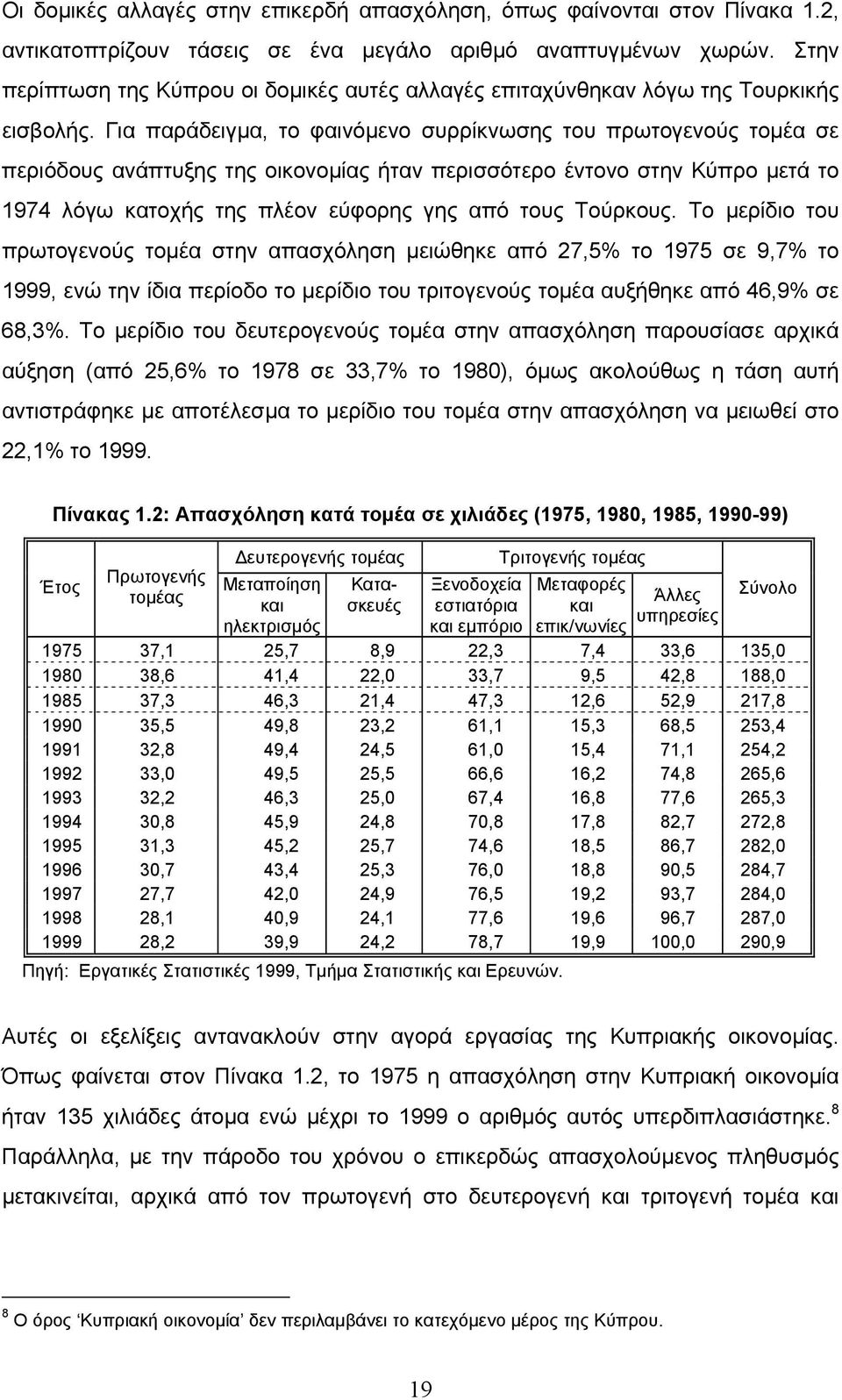 Για παράδειγµα, το φαινόµενο συρρίκνωσης του πρωτογενούς τοµέα σε περιόδους ανάπτυξης της οικονοµίας ήταν περισσότερο έντονο στην Κύπρο µετά το 1974 λόγω κατοχής της πλέον εύφορης γης από τους