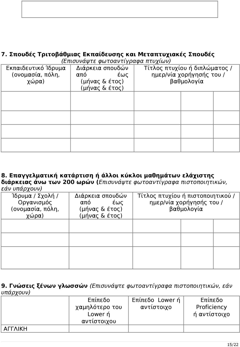 Επαγγελματική κατάρτιση ή άλλοι κύκλοι μαθημάτων ελάχιστης διάρκειας άνω των 200 ωρών (Επισυνάψτε φωτοαντίγραφα πιστοποιητικών, εάν υπάρχουν) Ίδρυμα / Σχολή / Οργανισμός (ονομασία, πόλη, χώρα)