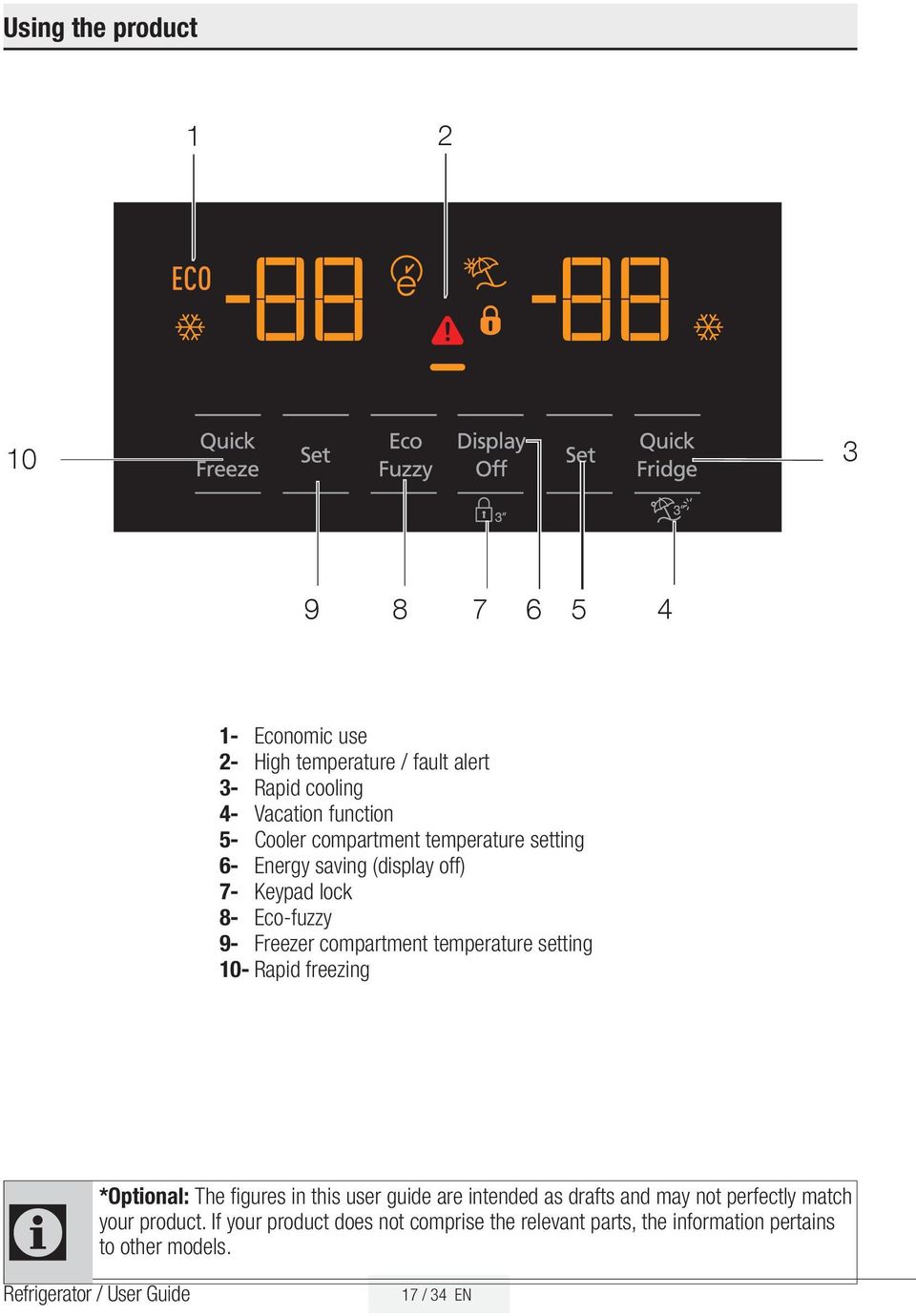 setting 10- Rapid freezing 1 2 C *Optional: The figures in this user guide are intended as drafts and may not perfectly match your