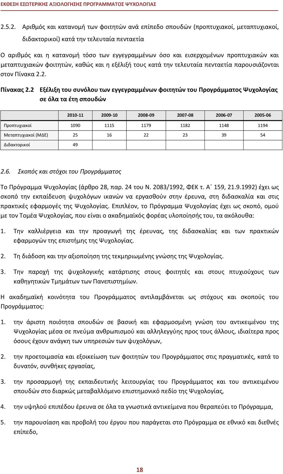 εισερχομένων προπτυχιακών και μεταπτυχιακών φοιτητών, καθώς και η εξέλιξή τους κατά την τελευταία πενταετία παρουσιάζονται στον Πίνακα 2.2. Πίνακας 2.