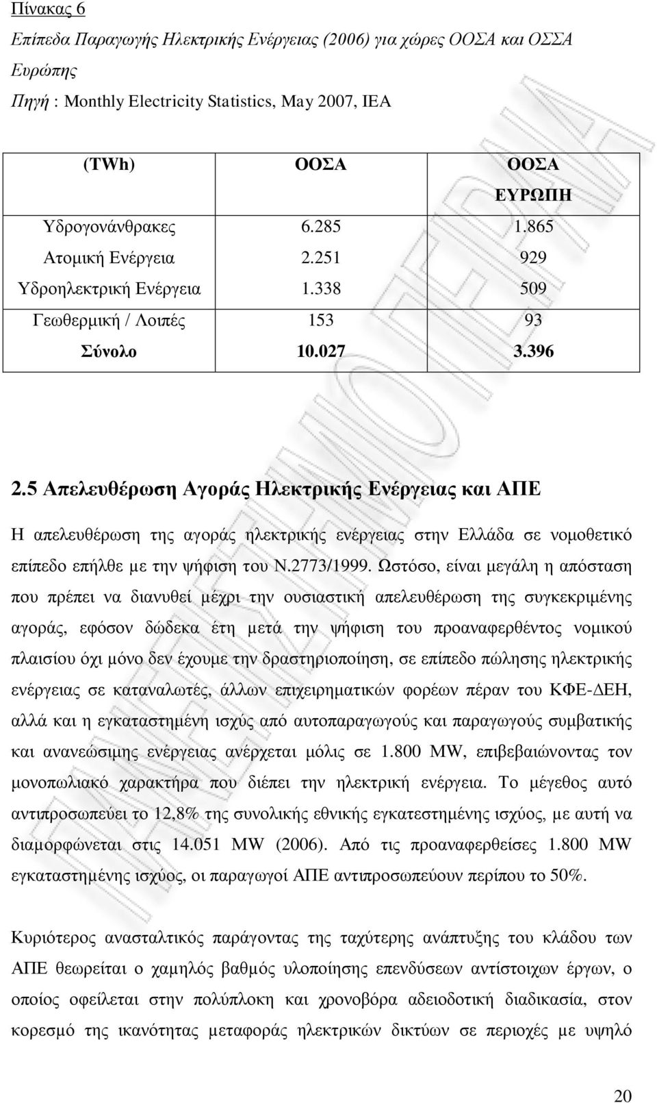 5 Απελευθέρωση Αγοράς Ηλεκτρικής Ενέργειας και ΑΠΕ Η απελευθέρωση της αγοράς ηλεκτρικής ενέργειας στην Ελλάδα σε νομοθετικό επίπεδο επήλθε µε την ψήφιση του Ν.2773/1999.