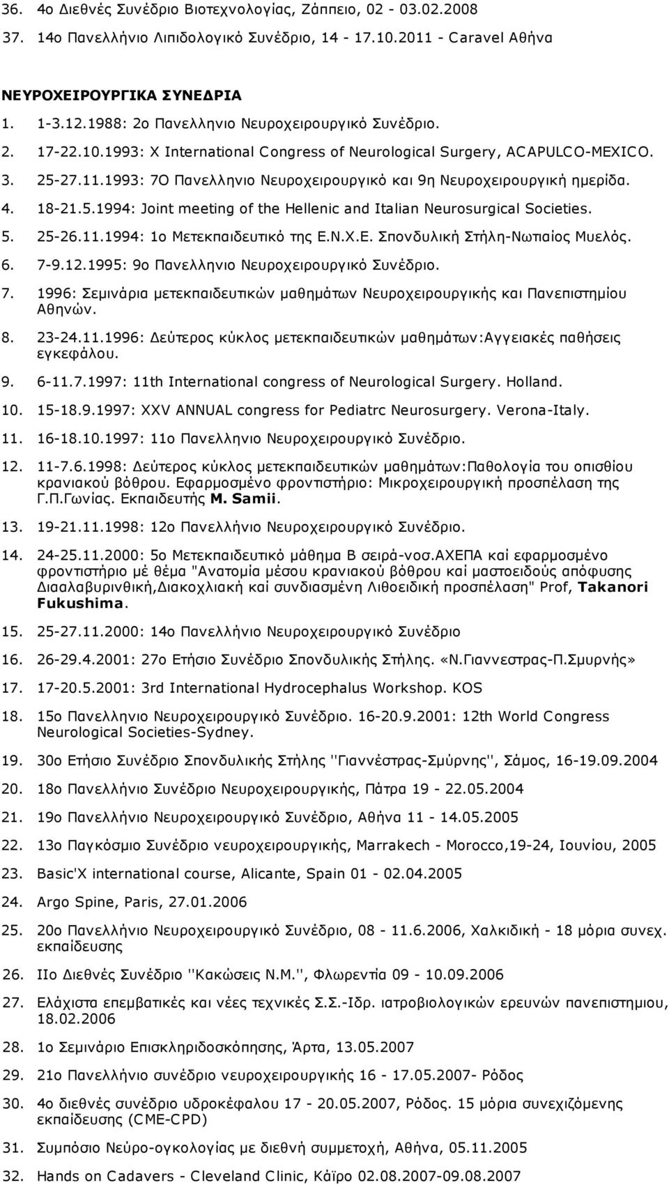 1993: 7Ο Πανελληνιο Νευροχειρουργικό και 9η Νευροχειρουργική ημερίδα. 4. 18-21.5.1994: Joint meeting of the Hellenic and Italian Neurosurgical Societies. 5. 25-26.11.1994: 1ο Μετεκπαιδευτικό της Ε.Ν.Χ.