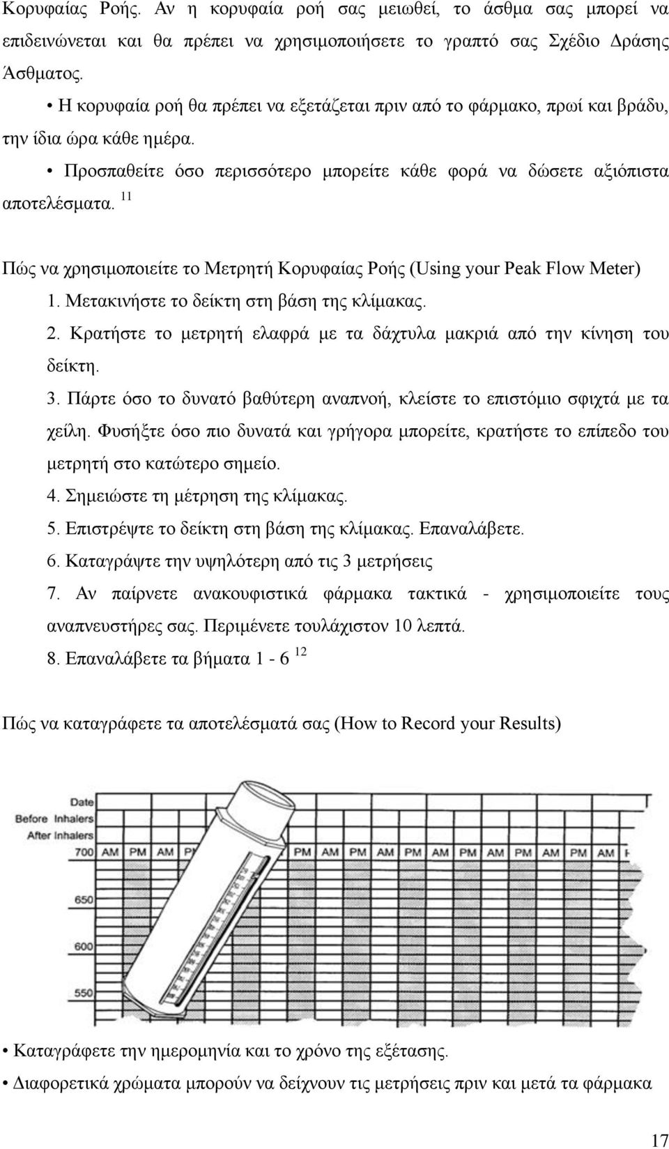 11 Πώς να χρησιμοποιείτε το Μετρητή Κορυφαίας Ροής (Using your Peak Flow Meter) 1. Μετακινήστε το δείκτη στη βάση της κλίμακας. 2.