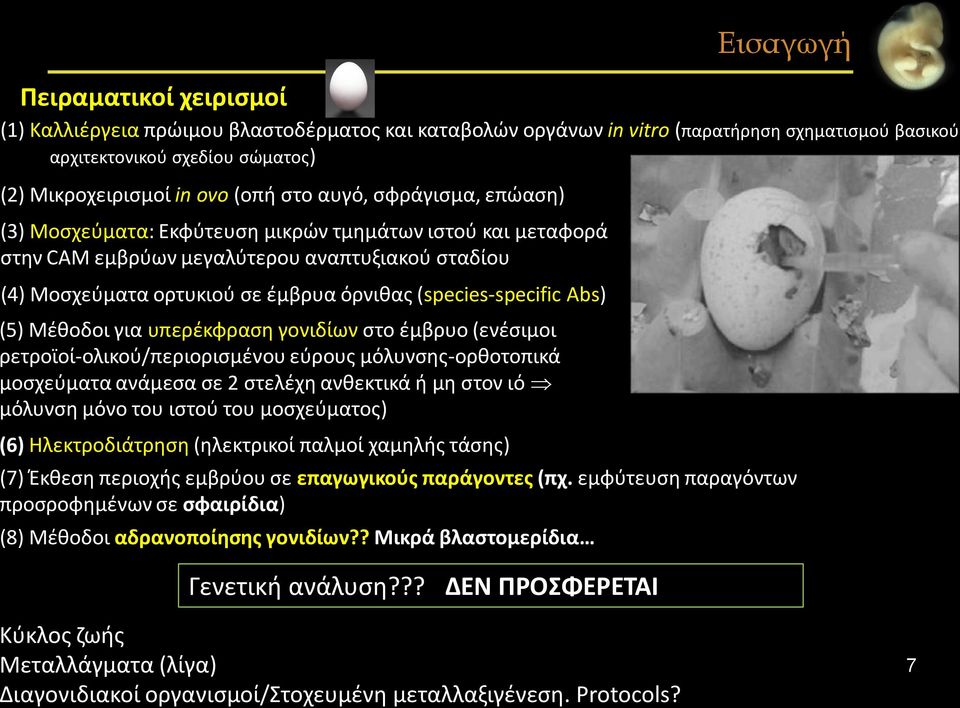 Abs) (5) Μέθοδοι για υπερέκφραση γονιδίων στο έμβρυο (ενέσιμοι ρετροϊοί-ολικού/περιορισμένου εύρους μόλυνσης-ορθοτοπικά μοσχεύματα ανάμεσα σε 2 στελέχη ανθεκτικά ή μη στον ιό μόλυνση μόνο του ιστού