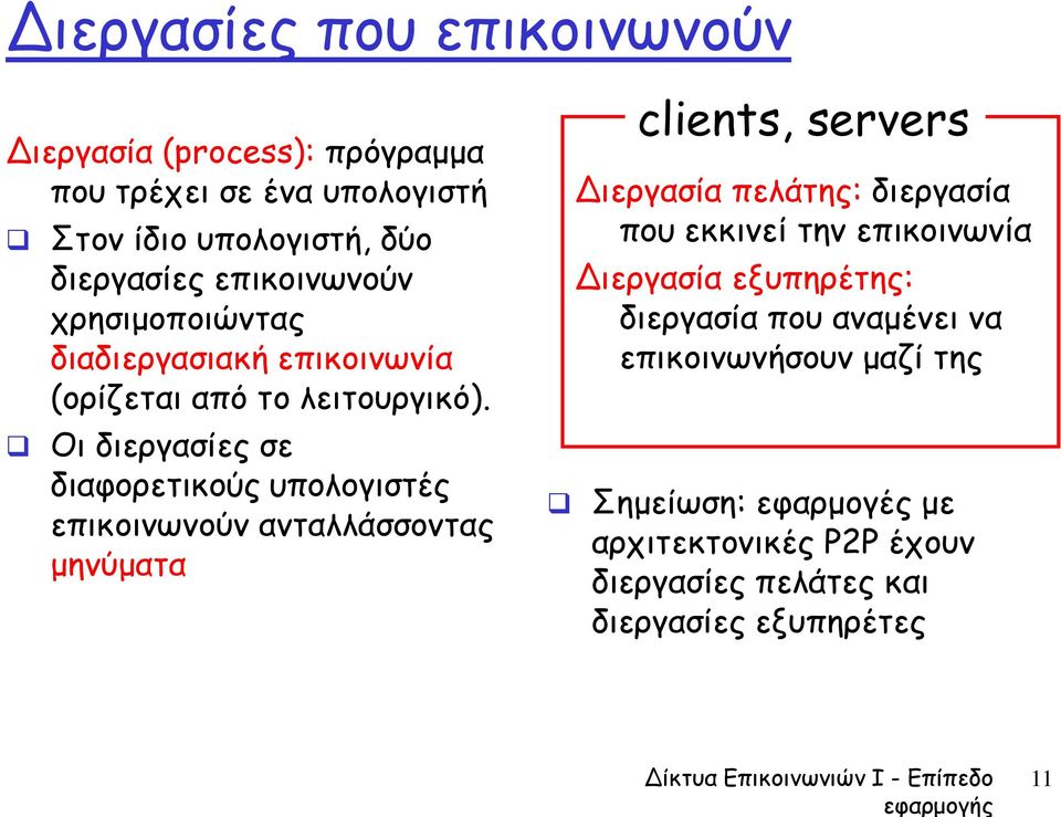 Οι διεργασίες σε διαφορετικούς υπολογιστές επικοινωνούν ανταλλάσσοντας μηνύματα clients, servers Διεργασία πελάτης: διεργασία που