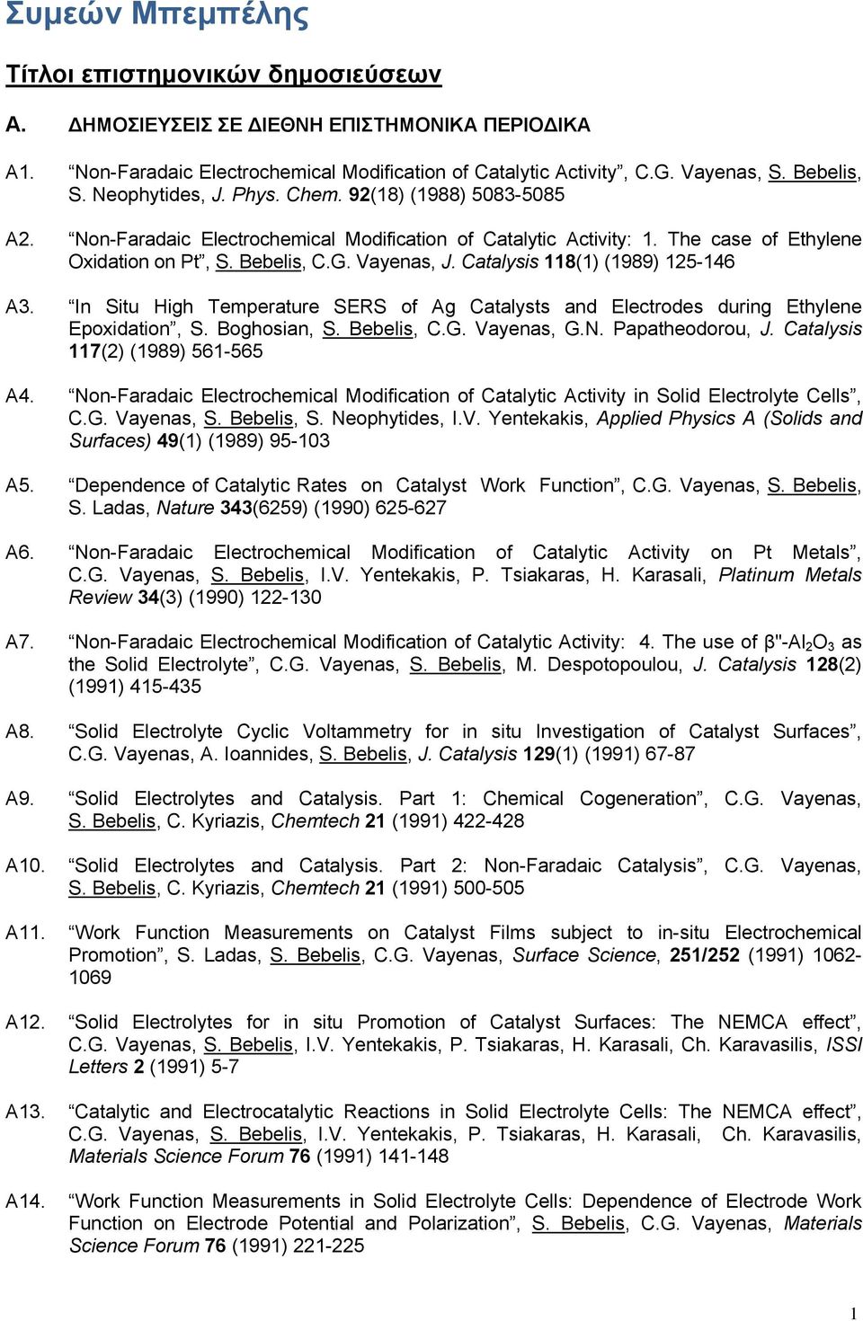 Catalysis 118(1) (1989) 125-146 A3. In Situ High Temperature SERS of Ag Catalysts and Electrodes during Ethylene Epoxidation, S. Boghosian, S. Bebelis, C.G. Vayenas, G.N. Papatheodorou, J.