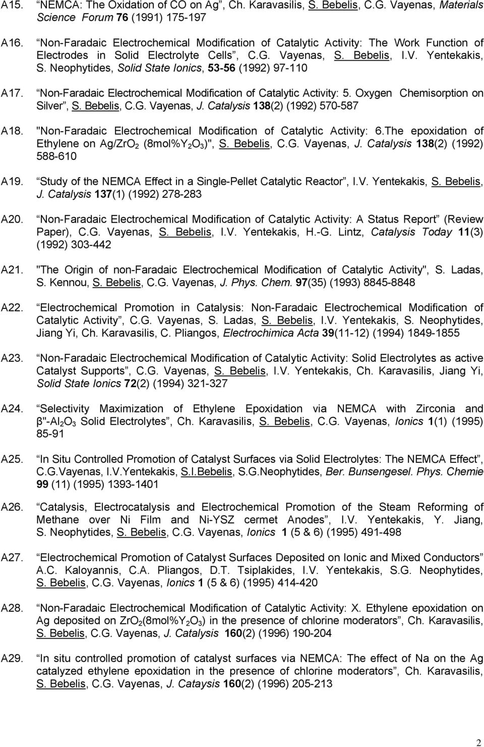 Neophytides, Solid State Ionics, 53-56 (1992) 97-110 A17. Non-Faradaic Electrochemical Modification of Catalytic Activity: 5. Oxygen Chemisorption on Silver, S. Bebelis, C.G. Vayenas, J.