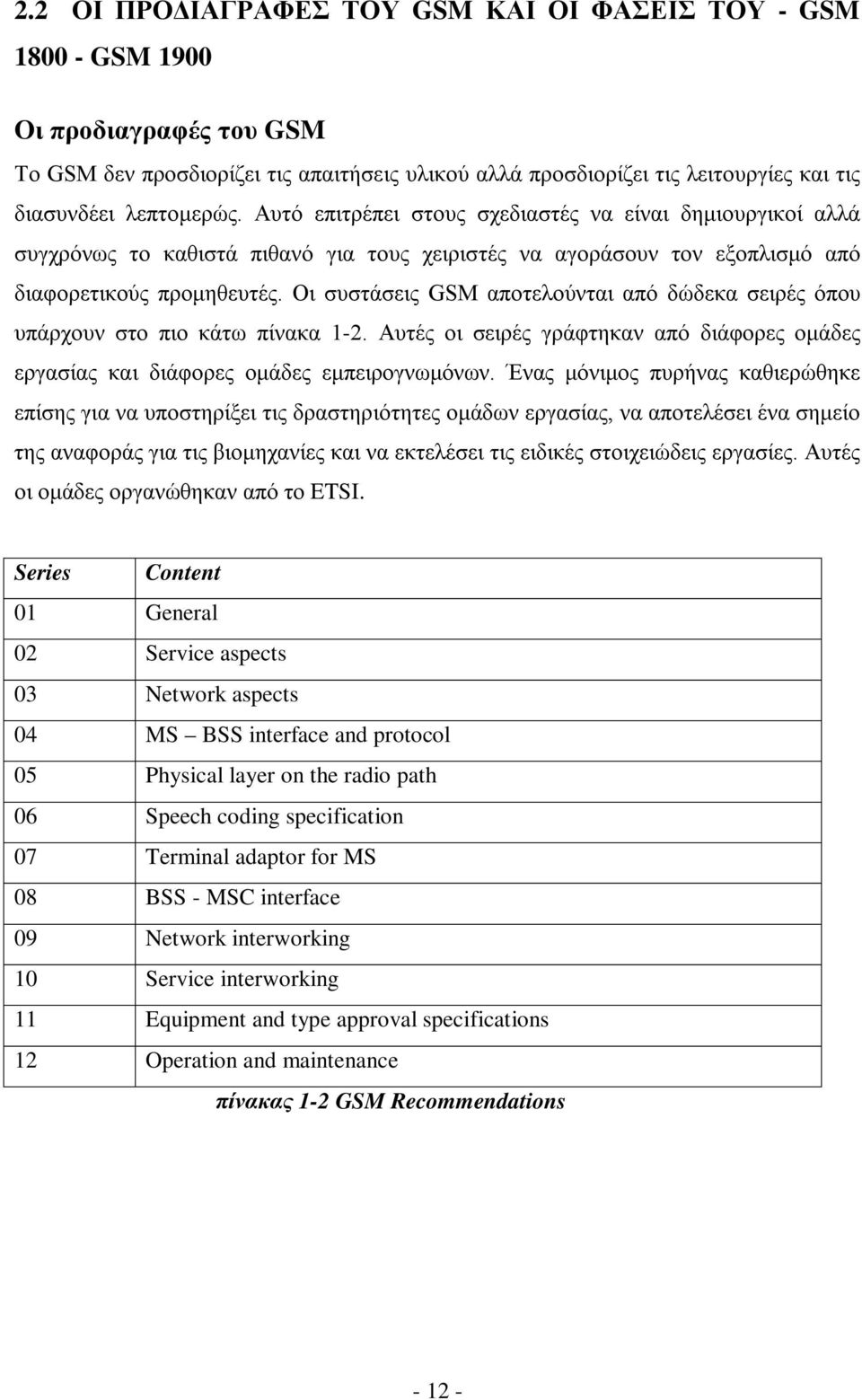 Οι συστάσεις GSM αποτελούνται από δώδεκα σειρές όπου υπάρχουν στο πιο κάτω πίνακα 1-2. Αυτές οι σειρές γράφτηκαν από διάφορες ομάδες εργασίας και διάφορες ομάδες εμπειρογνωμόνων.