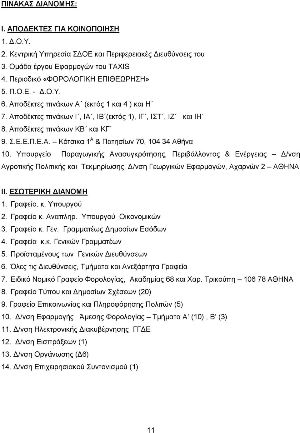 Υπουργείο Παραγωγικής Ανασυγκρότησης, Περιβάλλοντος & Ενέργειας Δ/νση Αγροτικής Πολιτικής και Τεκμηρίωσης, Δ/νση Γεωργικών Εφαρμογών, Αχαρνών 2 ΑΘΗΝΑ ΙΙ. ΕΣΩΤΕΡΙΚΗ ΔΙΑΝΟΜΗ 1. Γραφείο. κ. Υπουργού 2.