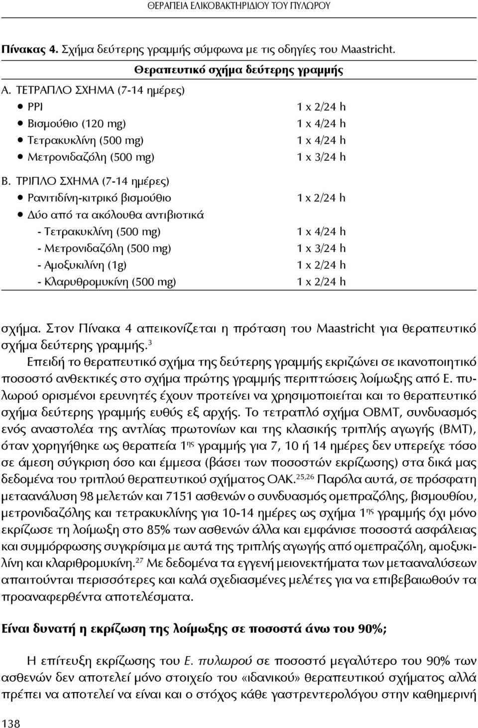 ΤΡΙΠΛΟ ΣΧΗΜΑ (7-14 ημέρες) Ρανιτιδίνη-κιτρικό βισμούθιο x 2/24 h Δύο από τα ακόλουθα αντιβιοτικά - Τετρακυκλίνη (500 mg) x 4/24 h - Μετρονιδαζόλη (500 mg) x 3/24 h - Αμοξυκιλίνη (1g) x 2/24 h -