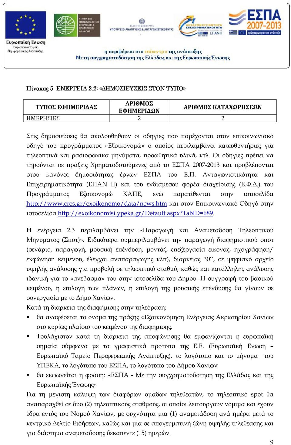 προγράμματος «Εξοικονομώ» ο οποίος περιλαμβάνει κατευθυντήριες για τηλεοπτικά και ραδιοφωνικά μηνύματα, προωθητικά υλικά, κτλ.