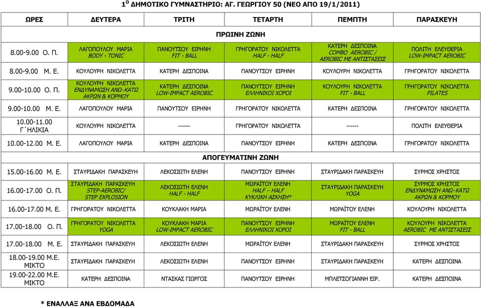 00-11.00 Γ ΗΛΙΚΙΑ 10.00-12.00 Μ. Ε. ΛΑΓΟΠΟΥΛΟΥ ΜΑΡΙΑ 15.00-16.00 Μ. Ε. STEP-AEROBIC/ STEP EXPLOSION HALF HALF ΚΥΚΛΙΚΗ ΑΣΚΗΣΗ* 16.