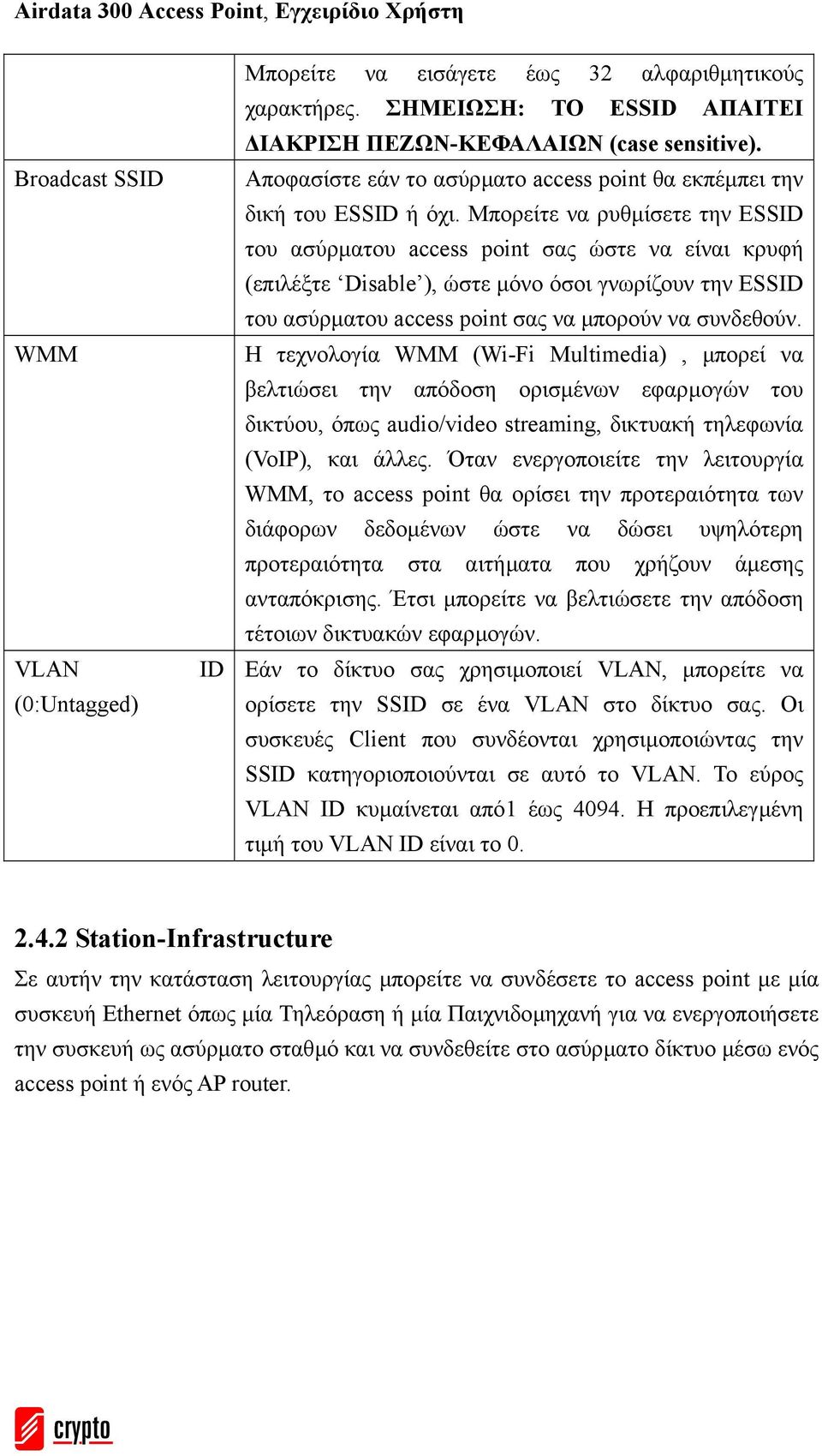 Μπορείτε να ρυθµίσετε την ESSID του ασύρµατου access point σας ώστε να είναι κρυφή (επιλέξτε Disable ), ώστε µόνο όσοι γνωρίζουν την ESSID του ασύρµατου access point σας να µπορούν να συνδεθούν.