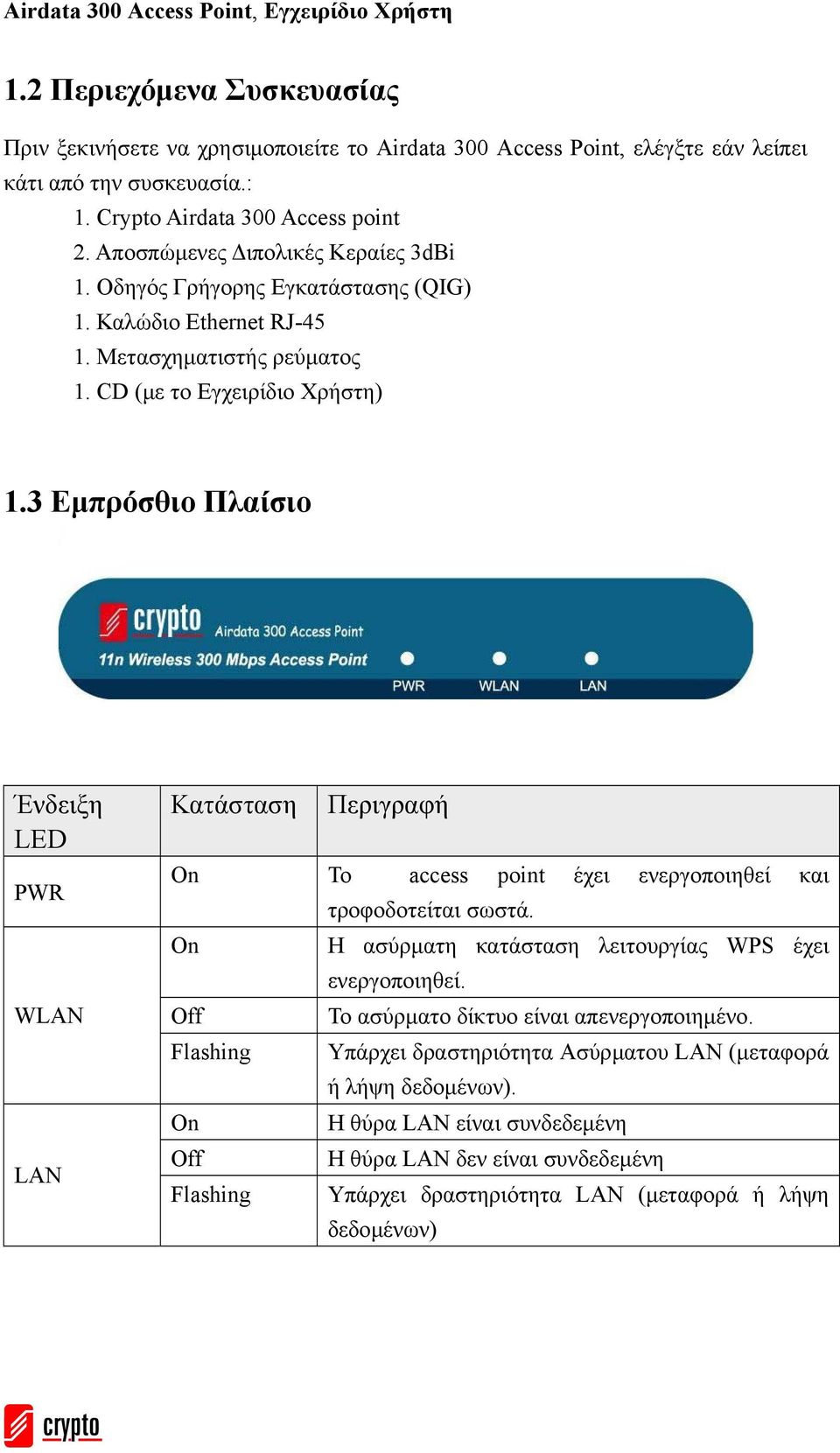 3 Εµπρόσθιο Πλαίσιο Ένδειξη LED PWR WLAN LAN Κατάσταση Περιγραφή On Το access point έχει ενεργοποιηθεί και τροφοδοτείται σωστά. On Η ασύρµατη κατάσταση λειτουργίας WPS έχει ενεργοποιηθεί.