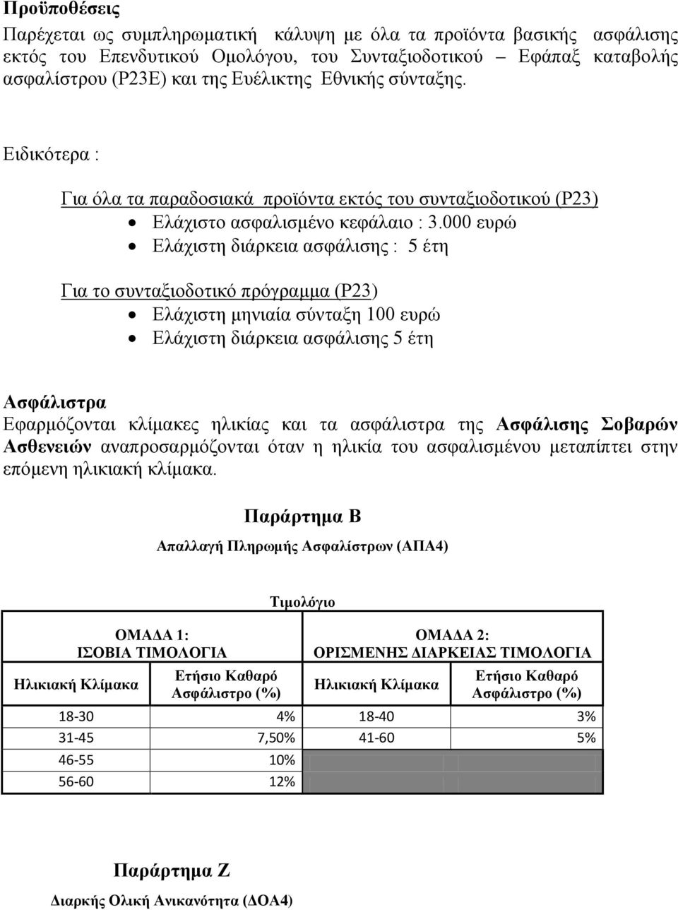 000 ευρώ Ελάχιστη διάρκεια ασφάλισης : 5 έτη Για το συνταξιοδοτικό πρόγραμμα (Ρ23) Ελάχιστη μηνιαία σύνταξη 100 ευρώ Ελάχιστη διάρκεια ασφάλισης 5 έτη Ασφάλιστρα Εφαρμόζονται κλίμακες ηλικίας και τα