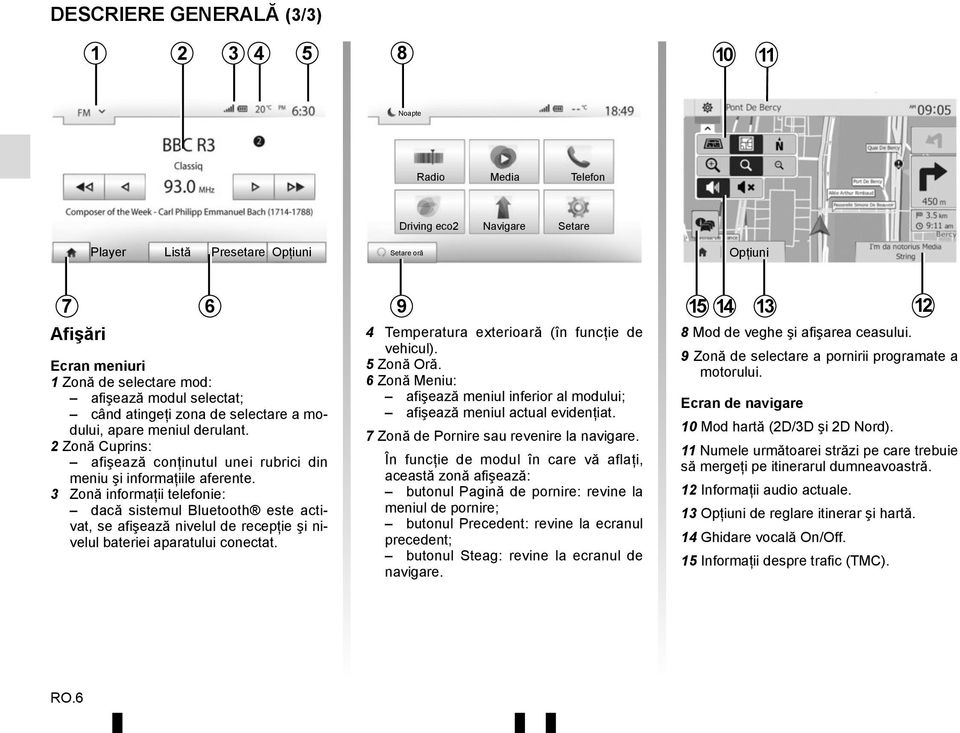 3 Zonă informaţii telefonie: dacă sistemul Bluetooth este activat, se afişează nivelul de recepţie şi nivelul bateriei aparatului conectat. 6 9 4 Temperatura exterioară (în funcţie de vehicul).