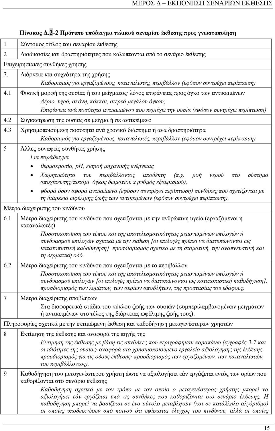 χρήσης 3. Διάρκεια και συχνότητα της χρήσης Καθορισμός για εργαζομένους, καταναλωτές, περιβάλλον (εφόσον συντρέχει περίπτωση) 4.