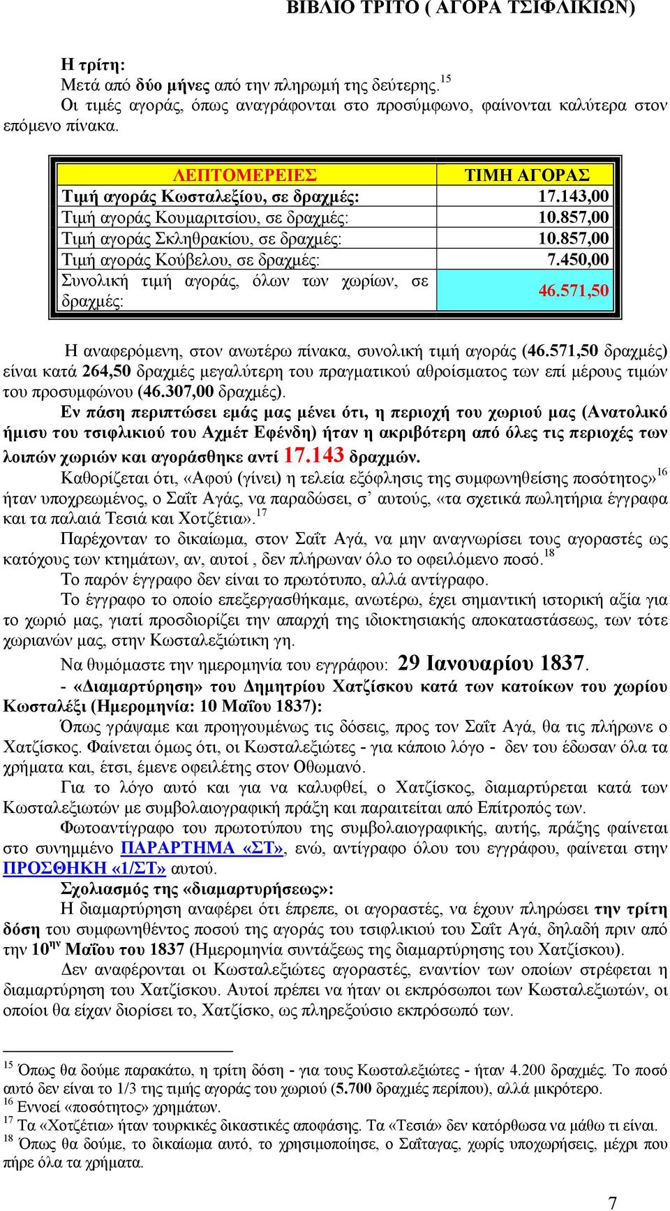 857,00 Τιµή αγοράς Κούβελου, σε δραχµές: 7.450,00 Συνολική τιµή αγοράς, όλων των χωρίων, σε δραχµές: 46.571,50 Η αναφερόµενη, στον ανωτέρω πίνακα, συνολική τιµή αγοράς (46.