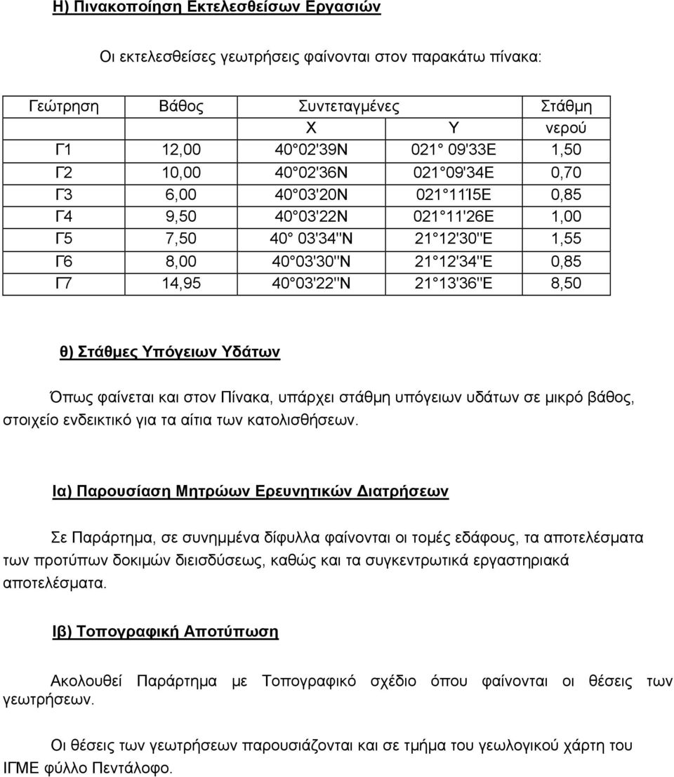 Υπόγειων Υδάτων Όπως φαίνεται και στον Πίνακα, υπάρχει στάθμη υπόγειων υδάτων σε μικρό βάθος, στοιχείο ενδεικτικό για τα αίτια των κατολισθήσεων.