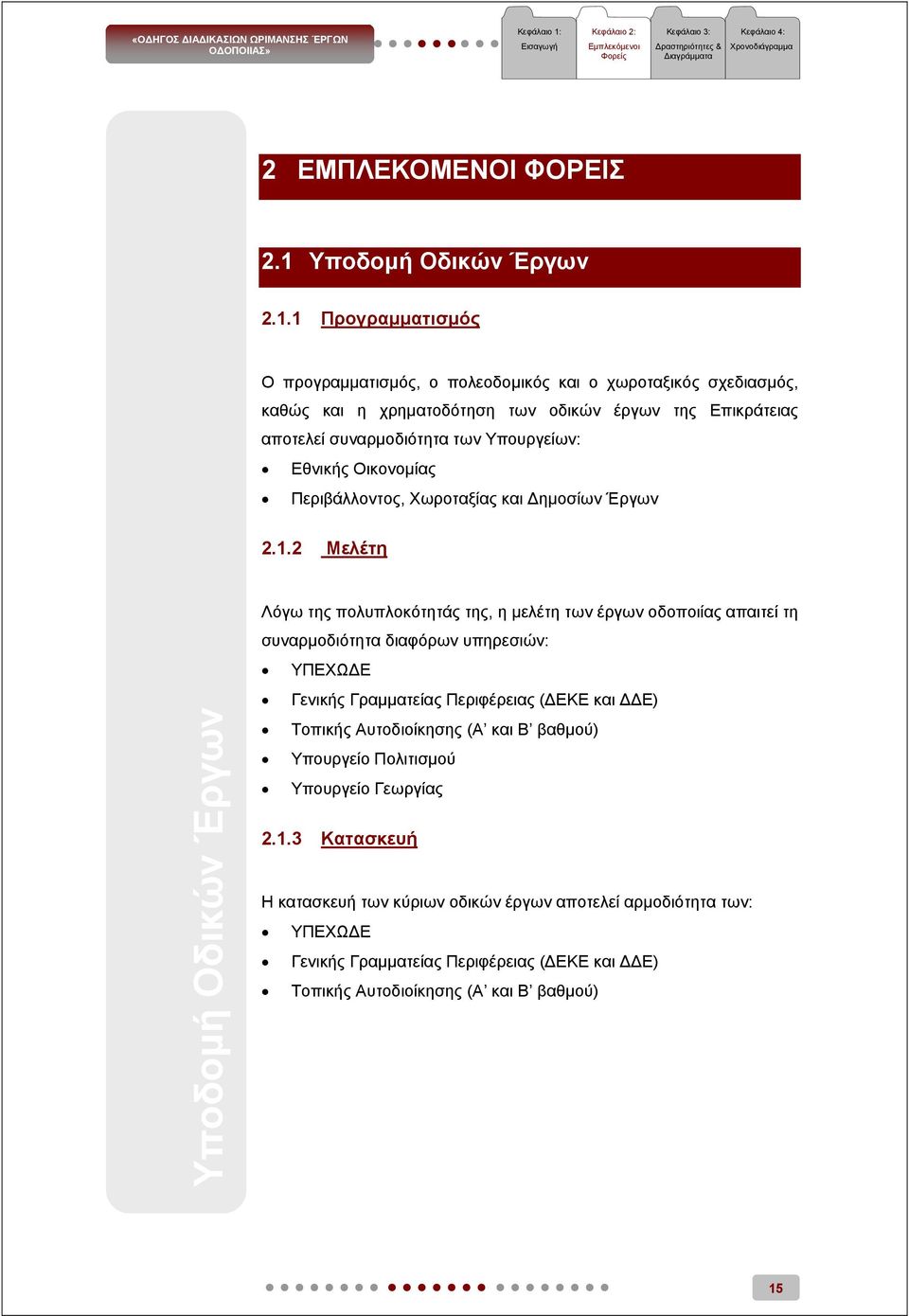 1 Προγραμματισμός Ο προγραμματισμός, ο πολεοδομικός και ο χωροταξικός σχεδιασμός, καθώς και η χρηματοδότηση των οδικών έργων της Επικράτειας αποτελεί συναρμοδιότητα των Υπουργείων: