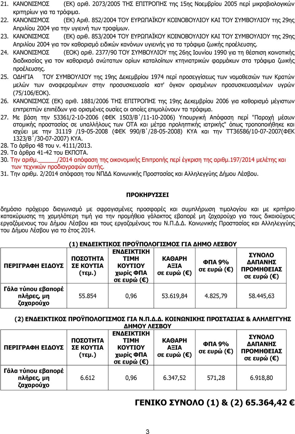 853/2004 ΤΟΥ ΕΥΡΩΠΑΪΚΟΥ ΚΟΙΝΟΒΟΥΛΙΟΥ ΚΑΙ ΤΟΥ ΣΥΜΒΟΥΛΙΟΥ της 29ης Απριλίου 2004 για τον καθορισμό ειδικών κανόνων υγιεινής για τα τρόφιμα ζωικής προέλευσης. 24. ΚΑΝΟΝΙΣΜΟΣ (ΕΟΚ) αριθ.