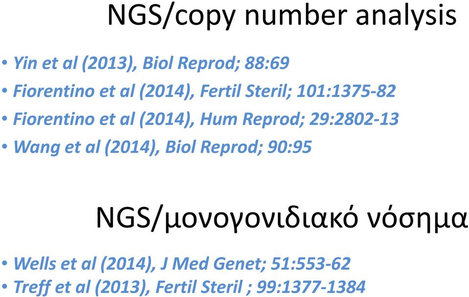 29:2802-13 Wang et al (2014), Biol Reprod; 90:95 NGS/μονογονιδιακό νόσημα
