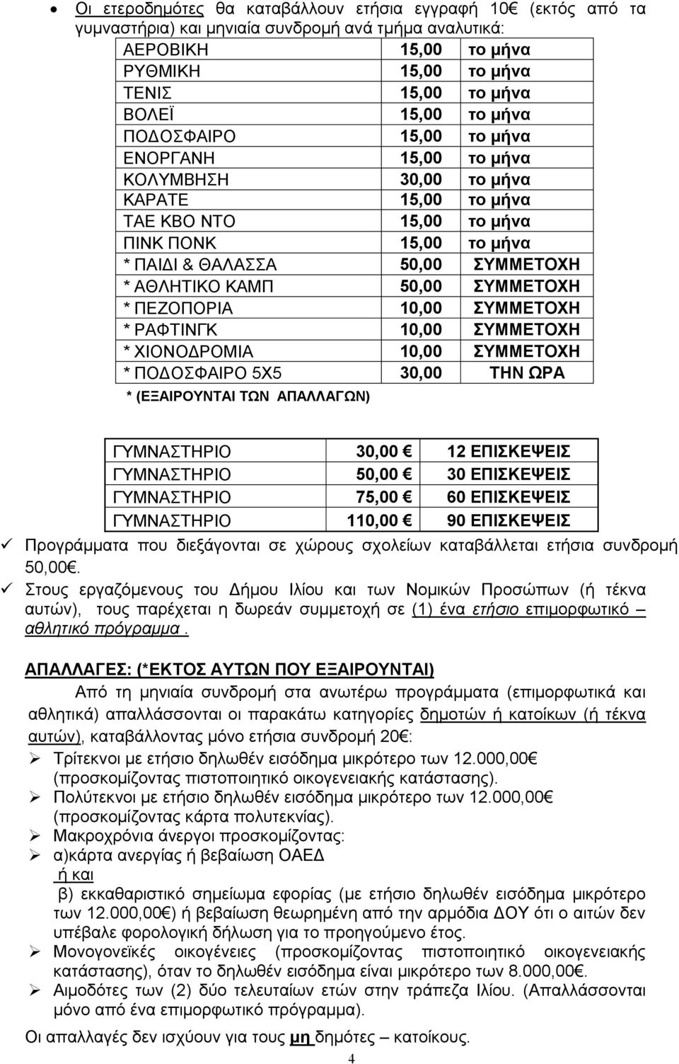 50,00 ΣΥΜΜΕΤΟΧΗ * ΠΕΖΟΠΟΡΙΑ 10,00 ΣΥΜΜΕΤΟΧΗ * ΡΑΦΤΙΝΓΚ 10,00 ΣΥΜΜΕΤΟΧΗ * ΧΙΟΝΟΔΡΟΜΙΑ 10,00 ΣΥΜΜΕΤΟΧΗ * ΠΟΔΟΣΦΑΙΡΟ 5Χ5 30,00 ΤΗΝ ΩΡΑ * (ΕΞΑΙΡΟΥΝΤΑΙ ΤΩΝ ΑΠΑΛΛΑΓΩΝ) ΓΥΜΝΑΣΤΗΡΙΟ 30,00 12 ΕΠΙΣΚΕΨΕΙΣ