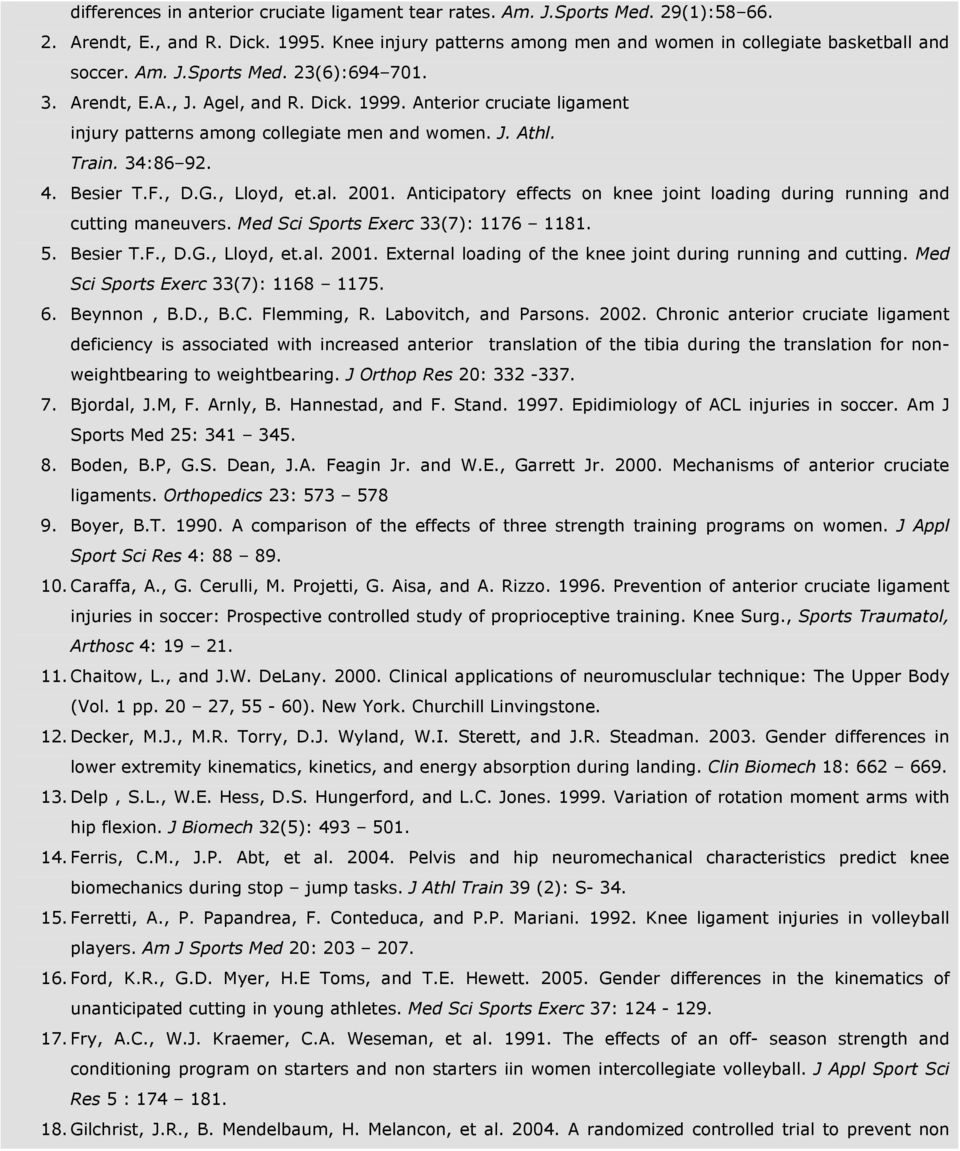 Anticipatory effects on knee joint loading during running and cutting maneuvers. Med Sci Sports Exerc 33(7): 1176 1181. 5. Besier T.F., D.G., Lloyd, et.al. 2001.