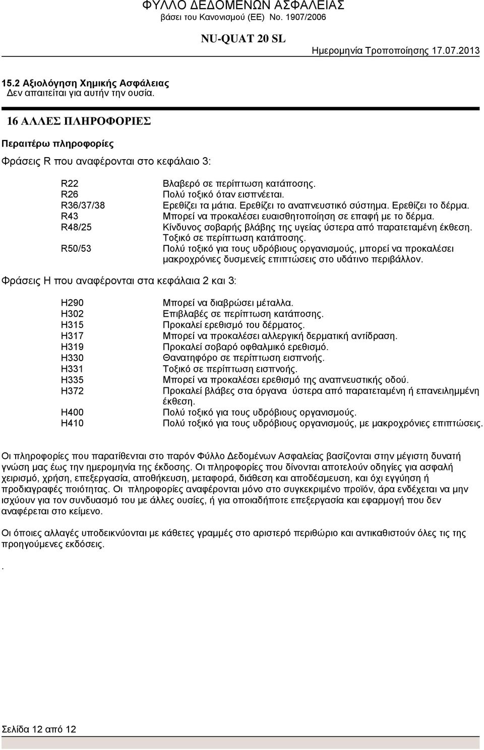 R48/25 Κίνδυνος σοβαρής βλάβης της υγείας ύστερα από παρατεταμένη έκθεση. Τοξικό σε περίπτωση κατάποσης.