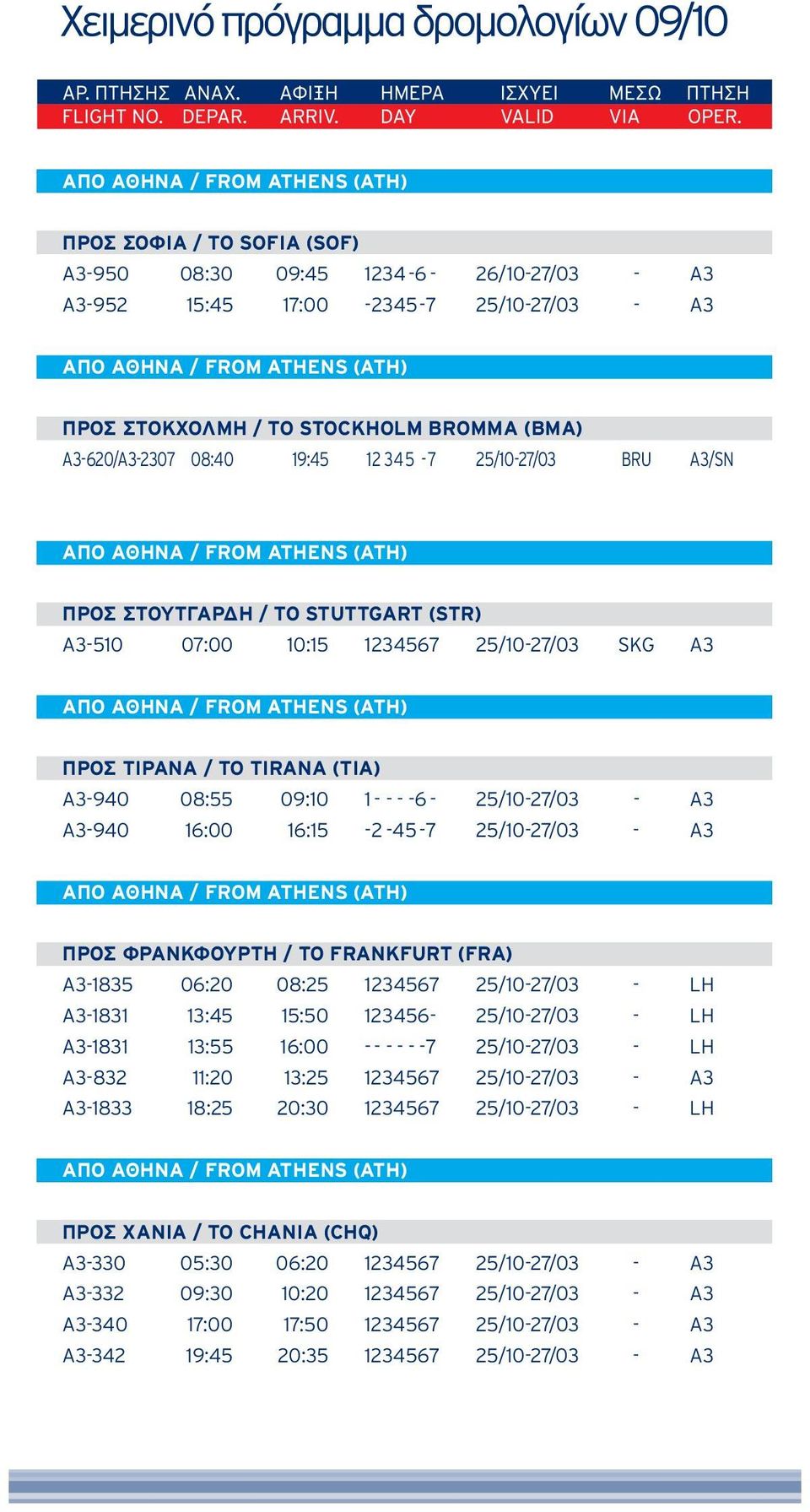 16:15-2 - 45-7 25/10-27/03 - A3 ΠΡΟΣ ΦΡΑΝΚΦΟΥΡΤΗ / TO FRANKFURT (FRA) A3-1835 06:20 08:25 1234567 25/10-27/03 - LH A3-1831 13:45 15:50 123456-25/10-27/03 - LH A3-1831 13:55 16:00 - - - - - - 7