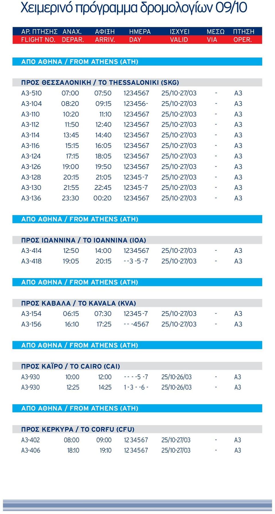 A3 A3-130 21:55 22:45 12345-7 25/10-27/03 - A3 A3-136 23:30 00:20 1234567 25/10-27/03 - A3 ΠΡΟΣ ΙΩΑΝΝΙΝΑ / TO IOANNINA (IOA) A3-414 12:50 14:00 1234567 25/10-27/03 - A3 A3-418 19:05 20:15 - - 3-5 - 7