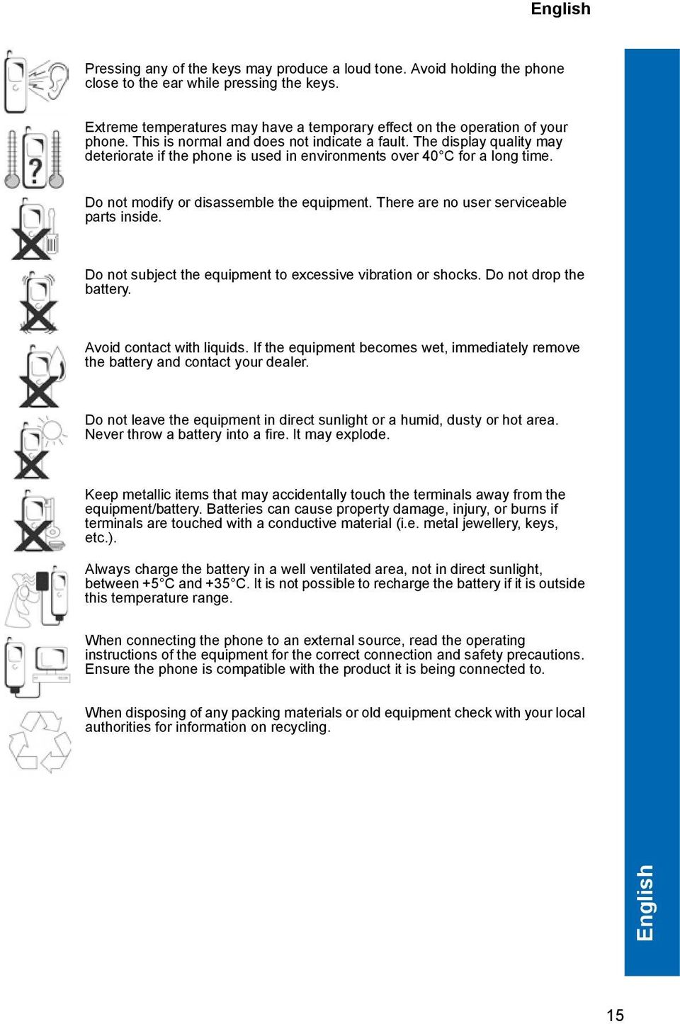 The display quality may deteriorate if the phone is used in environments over 40 C for a long time. Do not modify or disassemble the equipment. There are no user serviceable parts inside.