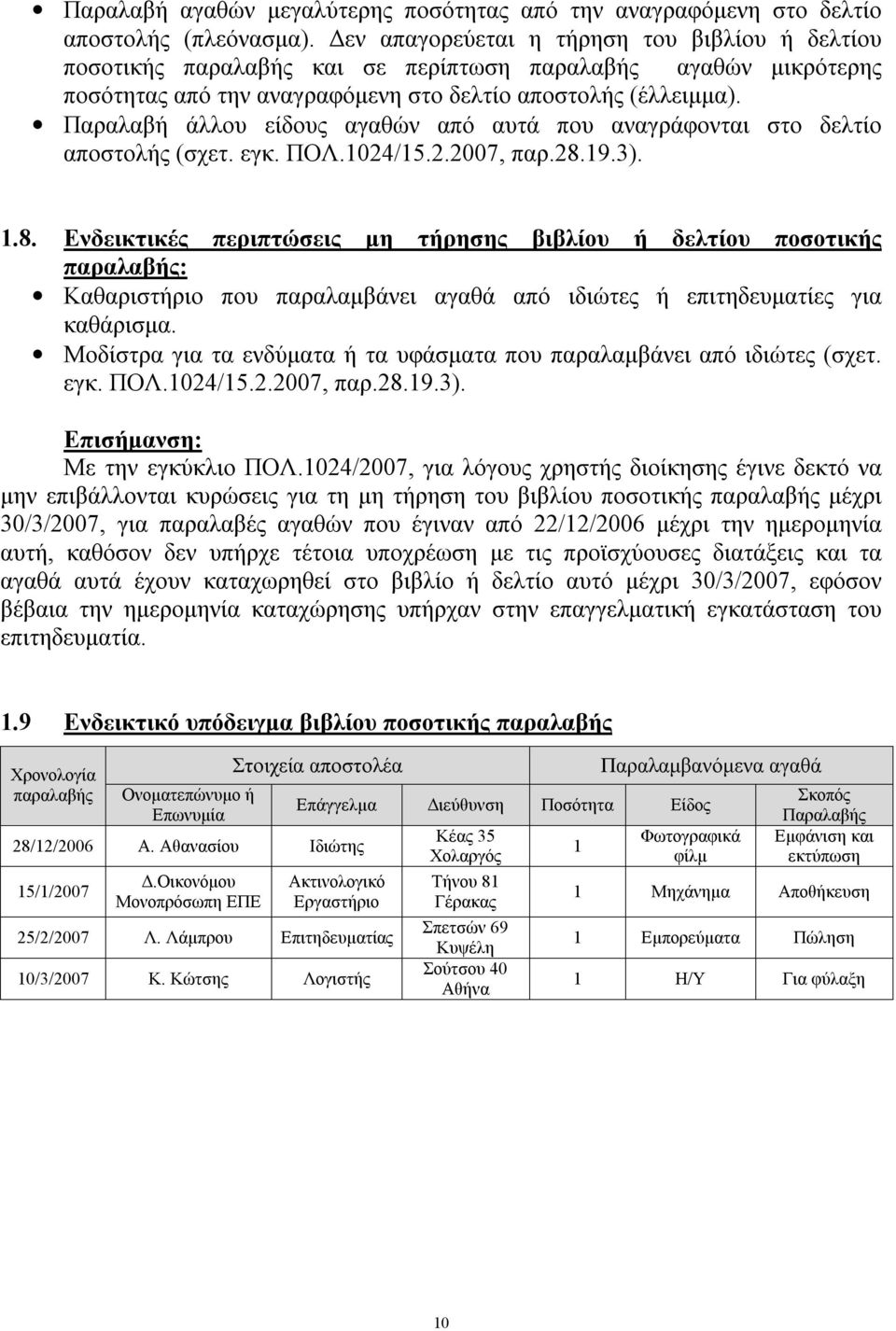 Παραλαβή άλλου είδους αγαθών από αυτά που αναγράφονται στο δελτίο αποστολής (σχετ. εγκ. ΠΟΛ.1024/15.2.2007, παρ.28.