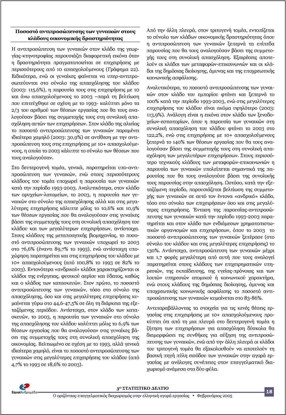 Ειδικότερα, ενώ οι γυναίκες φαίνεται να υπερ-αντιπροσωπεύονται στο σύνολο της απασχόλησης του κλάδου (2003: 115,6%), η παρουσία τους στις επιχειρήσεις µε 10 και άνω απασχολούµενους το 2003 παρά τη
