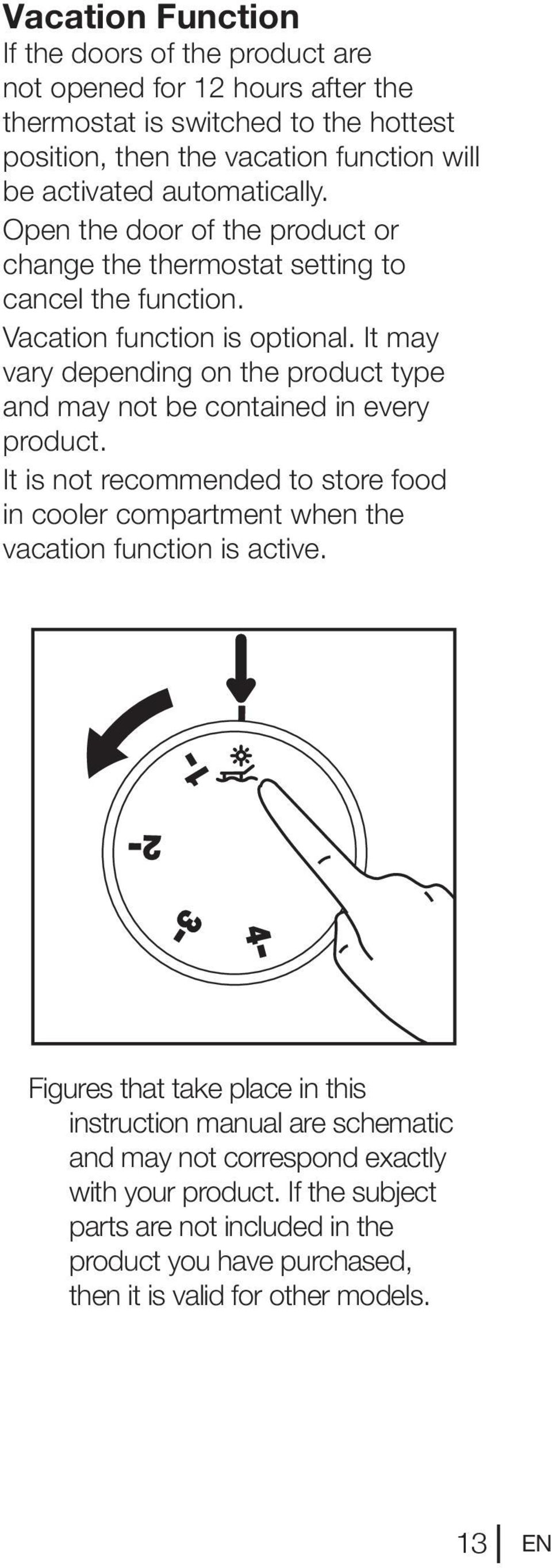 It may vary depending on the product type and may not be contained in every product. It is not recommended to store food in cooler compartment when the vacation function is active.