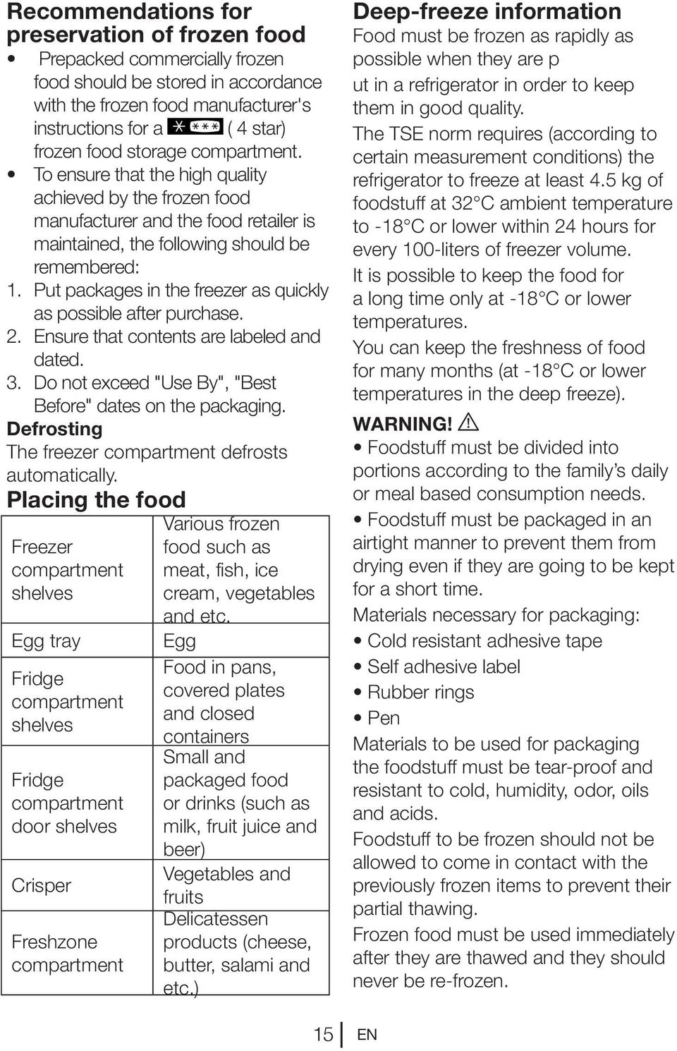 Put packages in the freezer as quickly as possible after purchase. 2. Ensure that contents are labeled and dated. 3. Do not exceed "Use By", "Best Before" dates on the packaging.