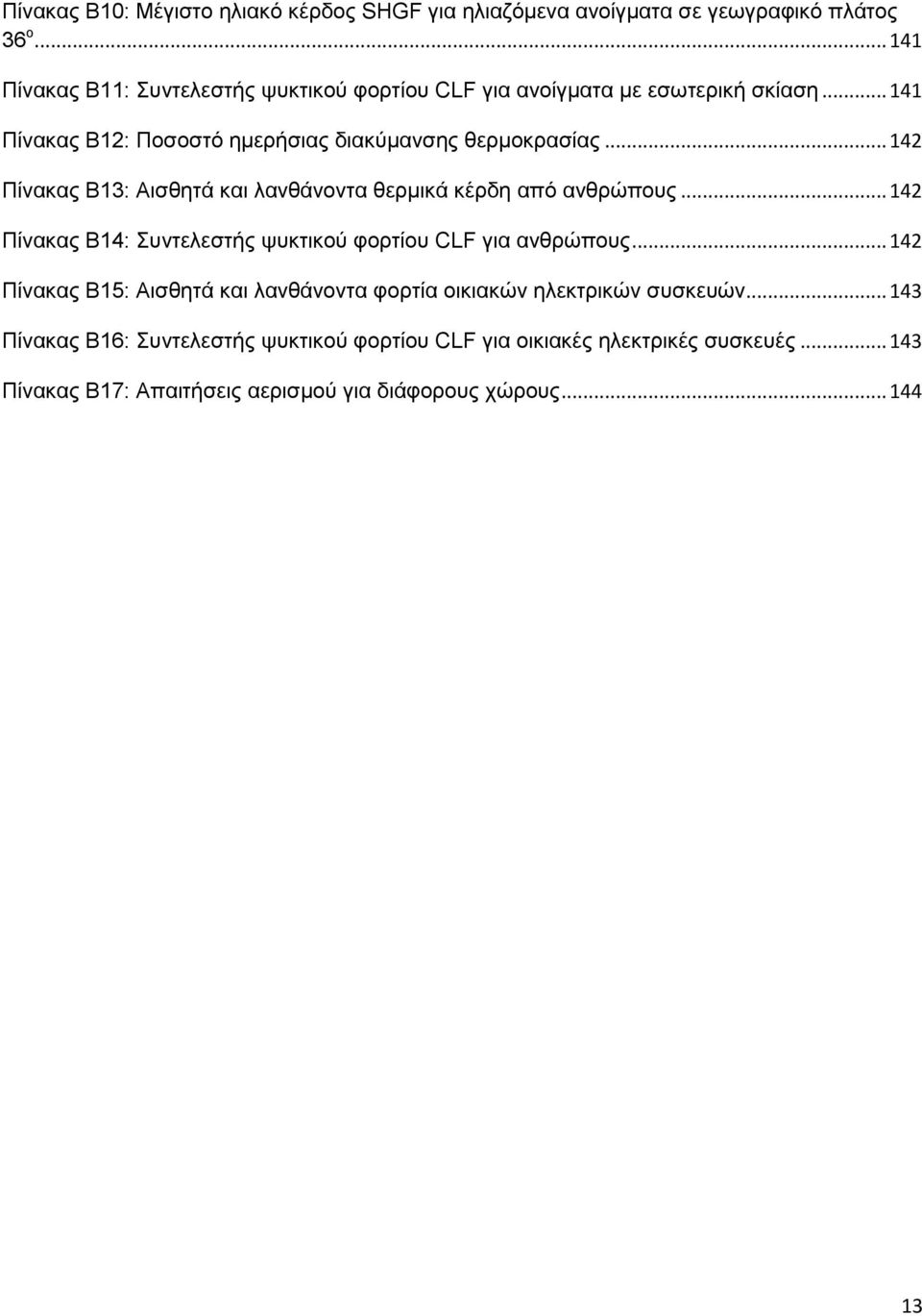 .. 142 Πίνακας Β13: Αισθητά και λανθάνοντα θερμικά κέρδη από ανθρώπους... 142 Πίνακας Β14: Συντελεστής ψυκτικού φορτίου CLF για ανθρώπους.
