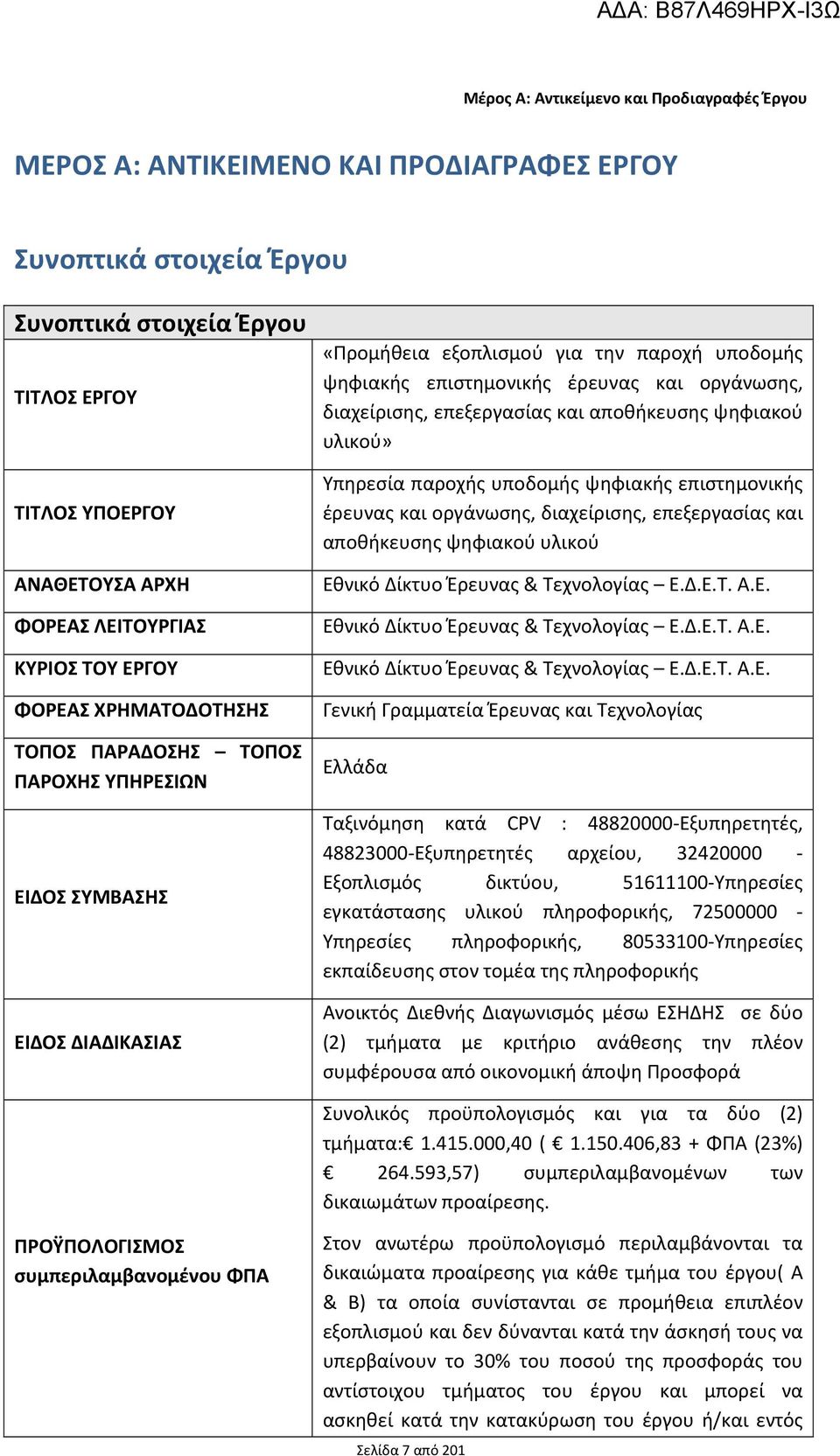 ΛΕΙΤΟΥΡΓΙΑΣ ΚΥΡΙΟΣ ΤΟΥ ΕΡΓΟΥ ΦΟΡΕΑΣ ΧΡΗΜΑΤΟΔΟΤΗΣΗΣ ΤΟΠΟΣ ΠΑΡΑΔΟΣΗΣ ΤΟΠΟΣ ΠΑΡΟΧΗΣ ΥΠΗΡΕΣΙΩΝ ΕΙΔΟΣ ΣΥΜΒΑΣΗΣ ΕΙΔΟΣ ΔΙΑΔΙΚΑΣΙΑΣ «Προμήθεια εξοπλισμού για την παροχή υποδομής ψηφιακής επιστημονικής