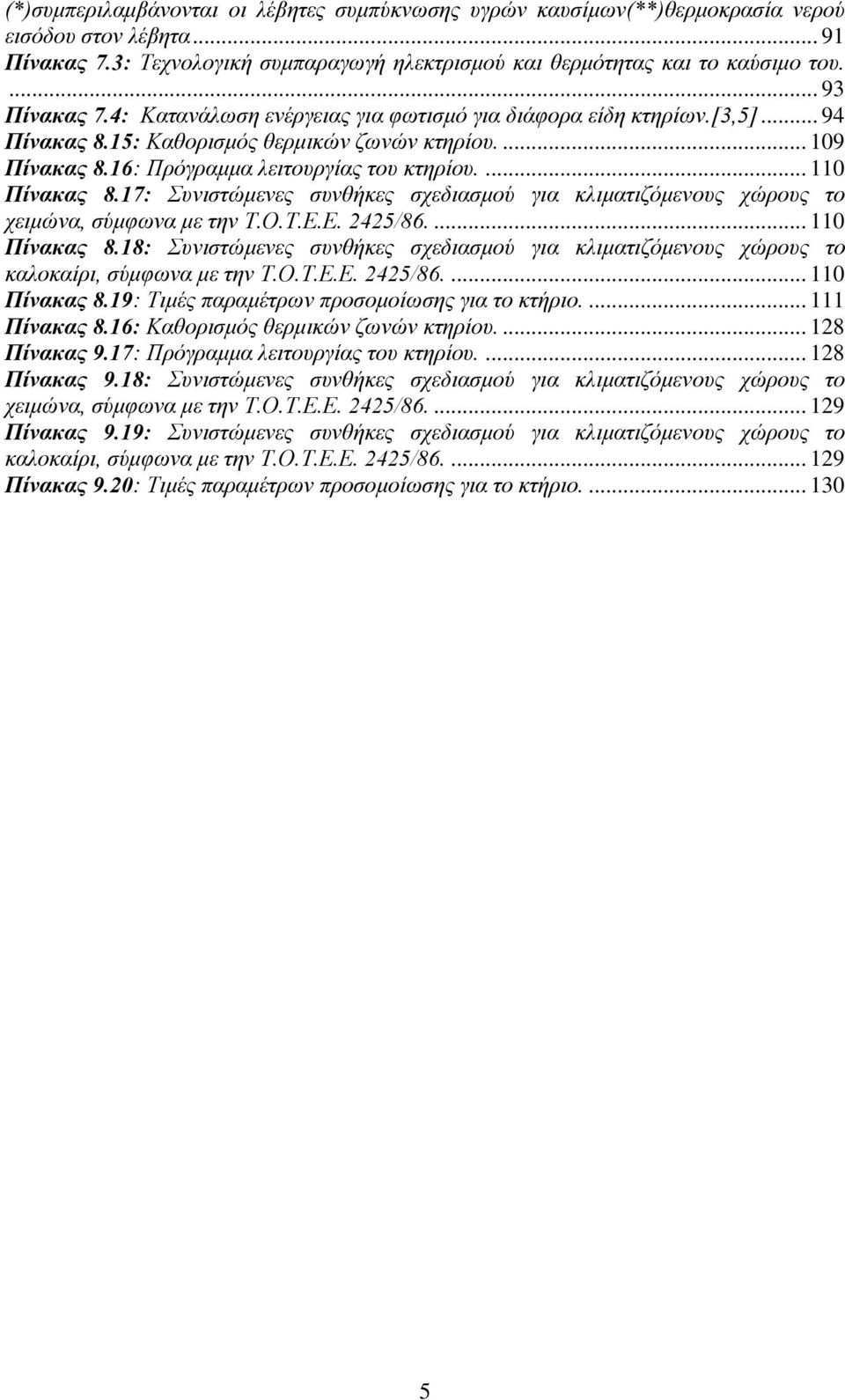 ... 110 Πίνακας 8.17: Συνιστώμενες συνθήκες σχεδιασμού για κλιματιζόμενους χώρους το χειμώνα, σύμφωνα με την Τ.Ο.Τ.Ε.Ε. 2425/86.... 110 Πίνακας 8.18: Συνιστώμενες συνθήκες σχεδιασμού για κλιματιζόμενους χώρους το καλοκαίρι, σύμφωνα με την Τ.