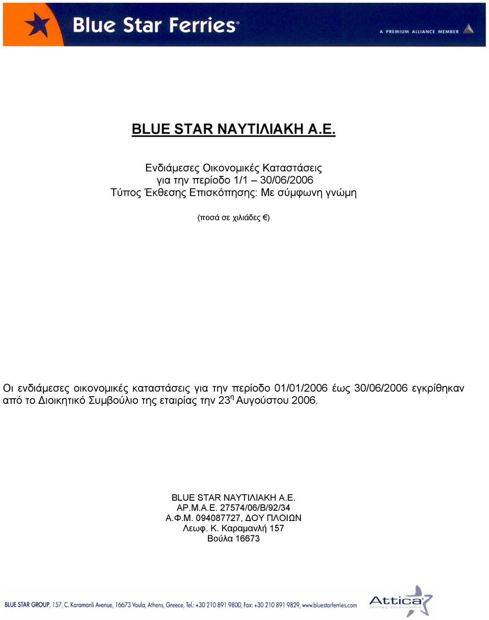 γνώμη (ποσά σε χιλιάδες ) Οι ενδιάμεσες οικονομικές καταστάσεις για την περίοδο 01/01/2006 έως 30/06/2006