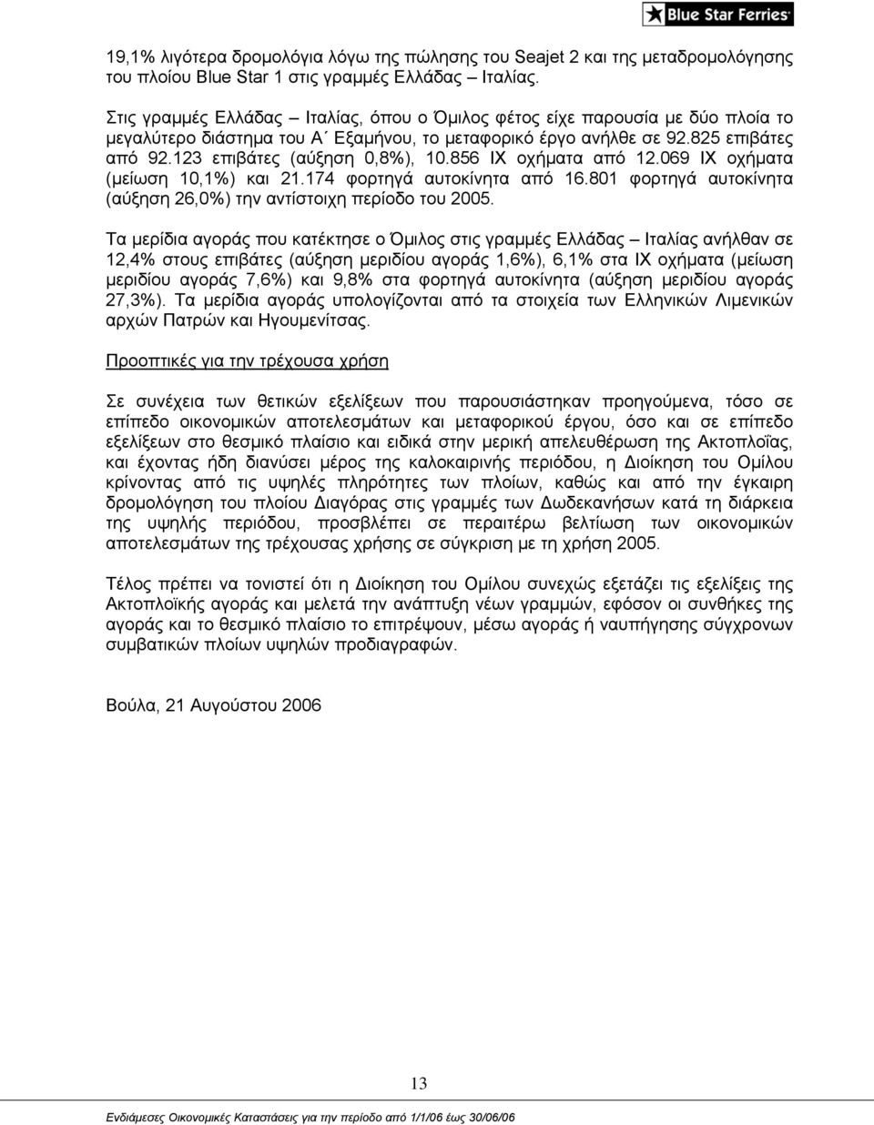 856 ΙΧ οχήματα από 12.069 ΙΧ οχήματα (μείωση 10,1%) και 21.174 φορτηγά αυτοκίνητα από 16.801 φορτηγά αυτοκίνητα (αύξηση 26,0%) την αντίστοιχη περίοδο του 2005.