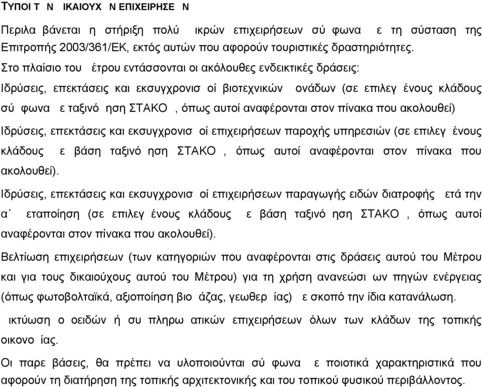 αναφέρονται στον πίνακα που ακολουθεί) Ιδρύσεις, επεκτάσεις και εκσυγχρονισμοί επιχειρήσεων παροχής υπηρεσιών (σε επιλεγμένους κλάδους με βάση ταξινόμηση ΣΤΑΚΟΔ, όπως αυτοί αναφέρονται στον πίνακα