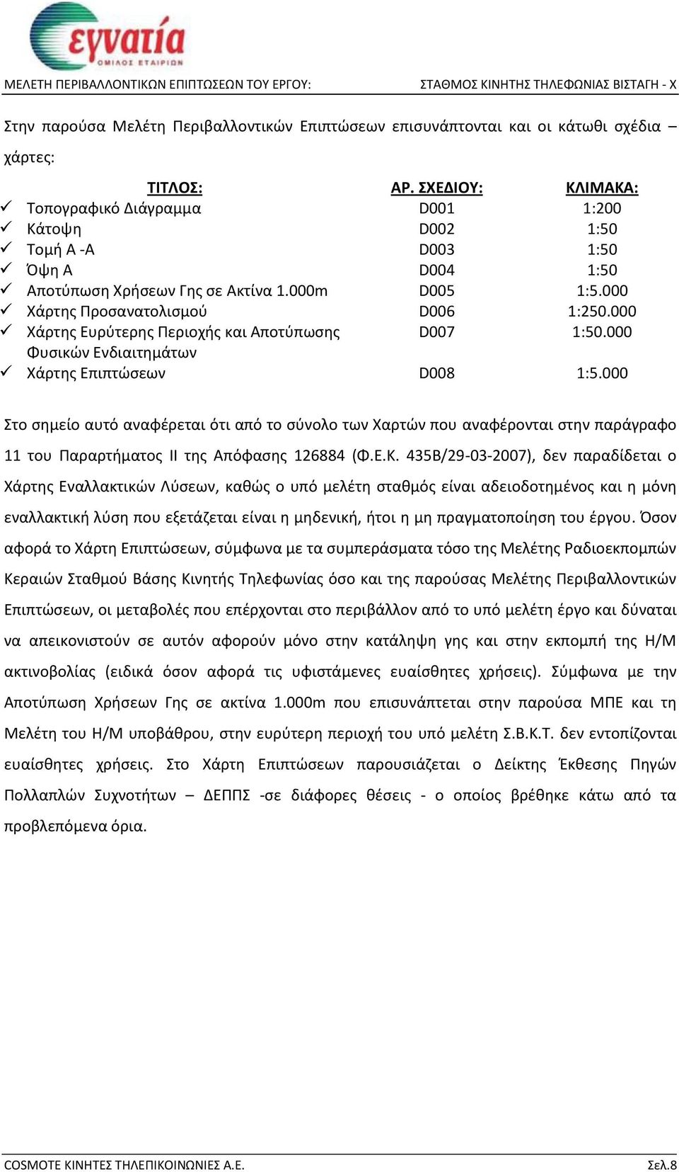 000 Χάρτης Ευρύτερης Περιοχής και Αποτύπωσης D007 1:50.000 Φυσικών Ενδιαιτημάτων Χάρτης Επιπτώσεων D008 1:5.