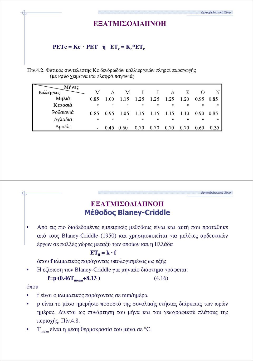 Η εξίσωση των Blaney-Criddle για µηνιαίο διάστηµα γράφεται: f=p (0.46T mean +8.13 ) (4.