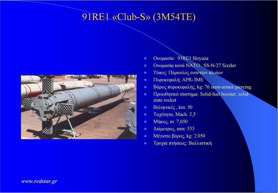 piercing Προωθητικό σύστηµα: Solid-fuel booster, solidstate rocket Βεληνεκές, km: 50