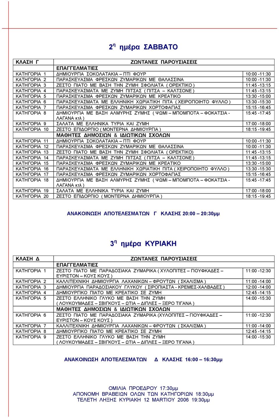 13:30-15:00 ΚΑΤΗΓΟΡΙΑ 6 ΠΑΡΑΣΚΕΥΑΣΜΑΤΑ ΜΕ ΕΛΛΗΝΙΚΗ ΧΩΡΙΑΤΙΚΗ ΠΙΤΑ ( ΧΕΙΡΟΠΟΙΗΤΟ ΦΥΛΛΟ ) 13:30-15:30 ΚΑΤΗΓΟΡΙΑ 7 ΠΑΡΑΣΚΕΥΑΣΜΑ ΦΡΕΣΚΩΝ ΖΥΜΑΡΙΚΩΝ ΧΟΡΤΟΦΑΓΙΑΣ 15:15-16:45 ΚΑΤΗΓΟΡΙΑ 8 ΗΜΙΟΥΡΓΙΑ ΜΕ ΒΑΣΗ