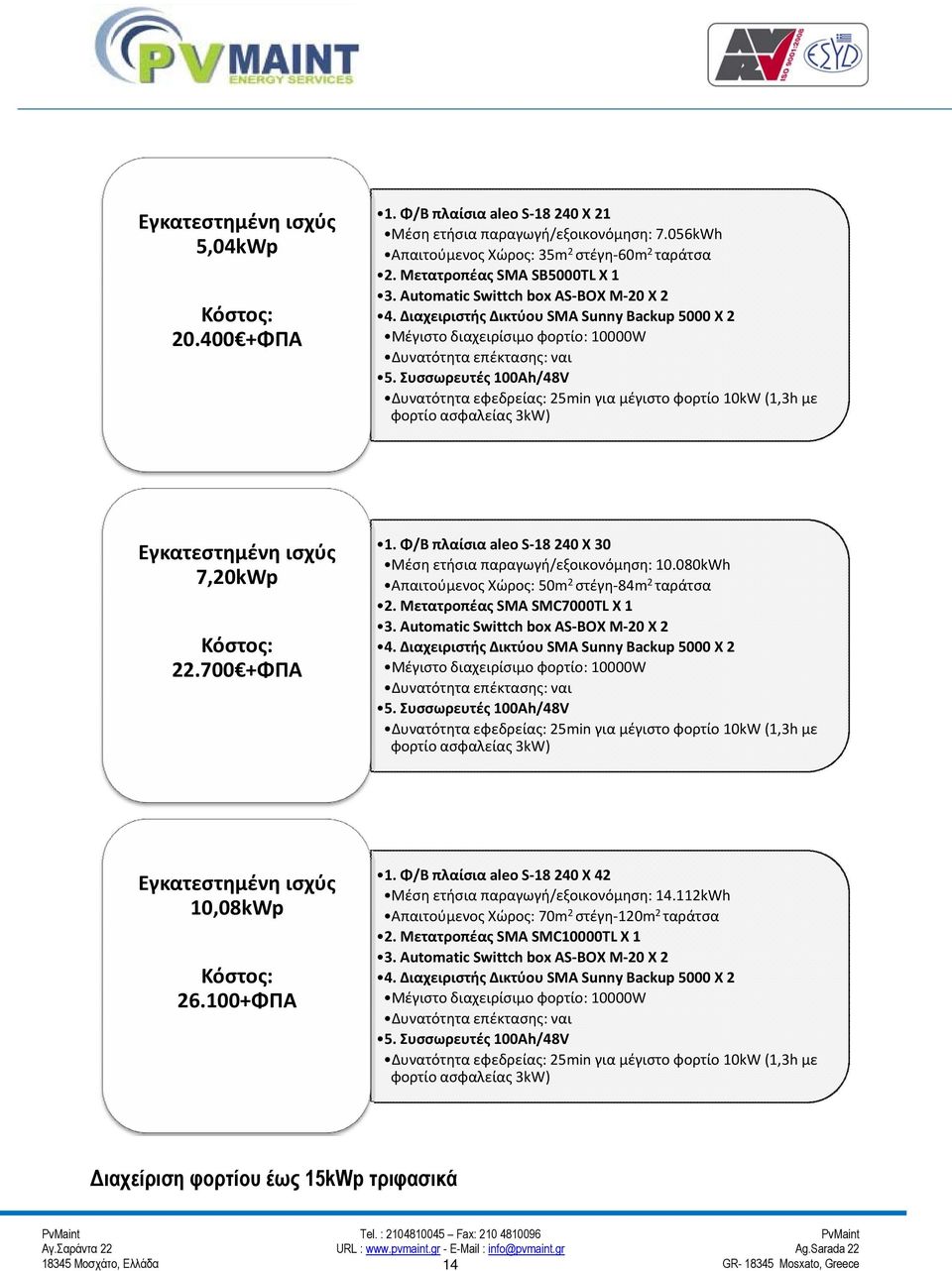 Διαχειριστής Δικτύου SMA Sunny Backup 5000 X 2 Μέγιστο διαχειρίσιμο φορτίο: 10000W Δυνατότητα εφεδρείας: 25min για μέγιστο φορτίο 10kW (1,3h με φορτίο ασφαλείας 3kW) 7,20kWp 22.700 +ΦΠΑ 1.