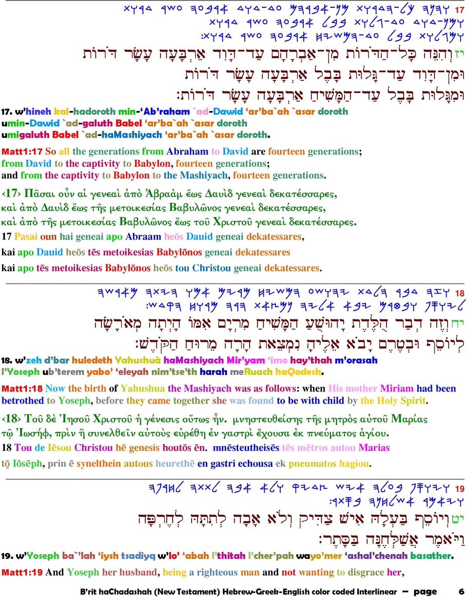 w hineh kal-hadoroth min- Ab raham `ad-dawid ar ba`ah `asar doroth umin-dawid `ad-galuth Babel ar ba`ah `asar doroth umigaluth Babel `ad-hamashiyach ar ba`ah `asar doroth.