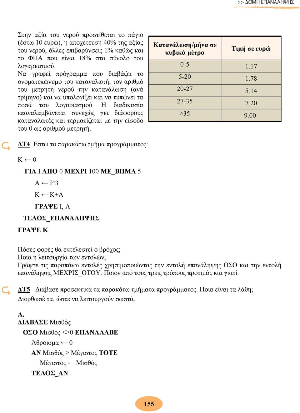 Η διαδικασία επαναλαμβάνεται συνεχώς για διάφορους καταναλωτές και τερματίζεται με την είσοδο του 0 ως αριθμού μετρητή. Κατανάλωση/μήνα σε κυβικά μέτρα Τιμή σε ευρώ 0-5 1.17 5-20 1.78 20-27 5.