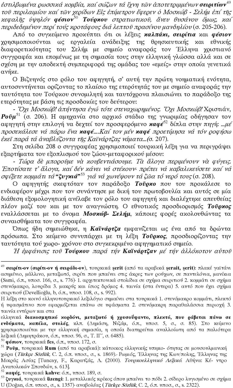 Από το συγκείμενο προκύπτει ότι οι λέξεις καλπάκι, σειρίτια και φέσιον χρησιμοποιούνται ως εργαλεία ανάδειξης της θρησκευτικής και εθνικής διαφορετικότητας του Σελήμ με σημείο αναφοράς τον Έλληνα